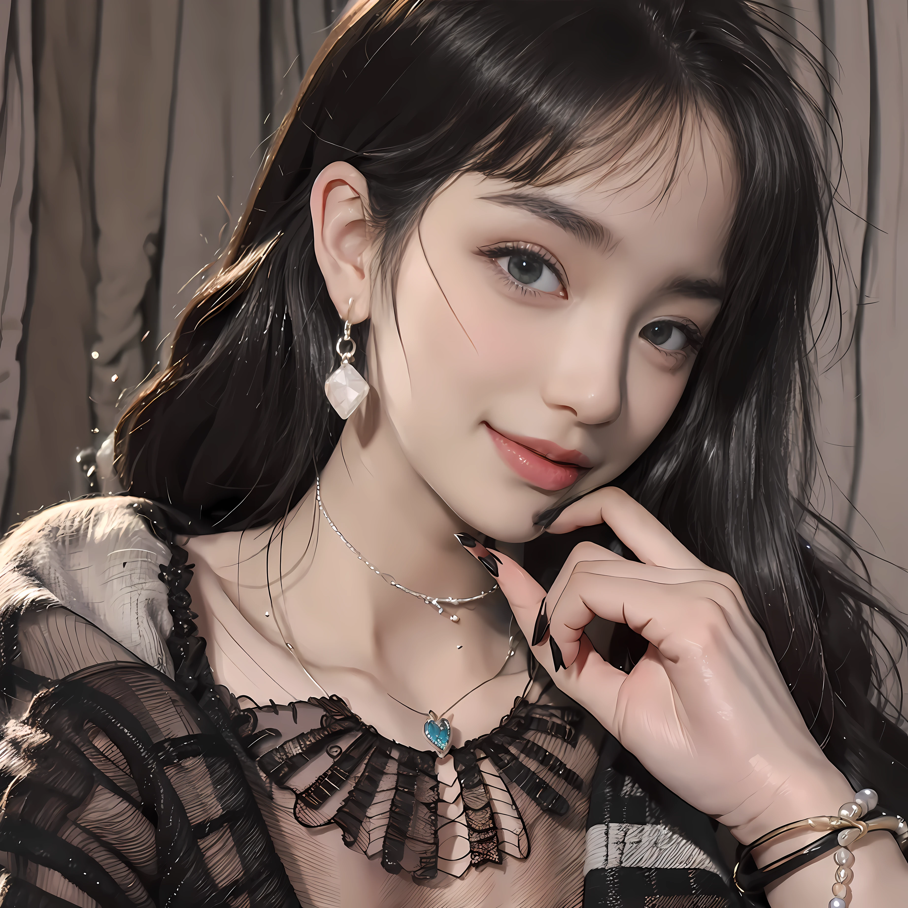 masterpiece,best quality,ultra-detailed,8K,detailed light,detailed shadow,RAW, (detailed skin),(realistic:1.2),
1girl,face,
pilyeon, black nails, jewelry, Long hair, looking at viewer, choker, necklace,piercing, white background, heart, closed mouth, grey eyes, nail polish, simple background, black hair, ear piercing, black choker, smile, eyelashes, lips, hand on own cheek, bangs, bracelet, beads, gem, earrings, fingernails