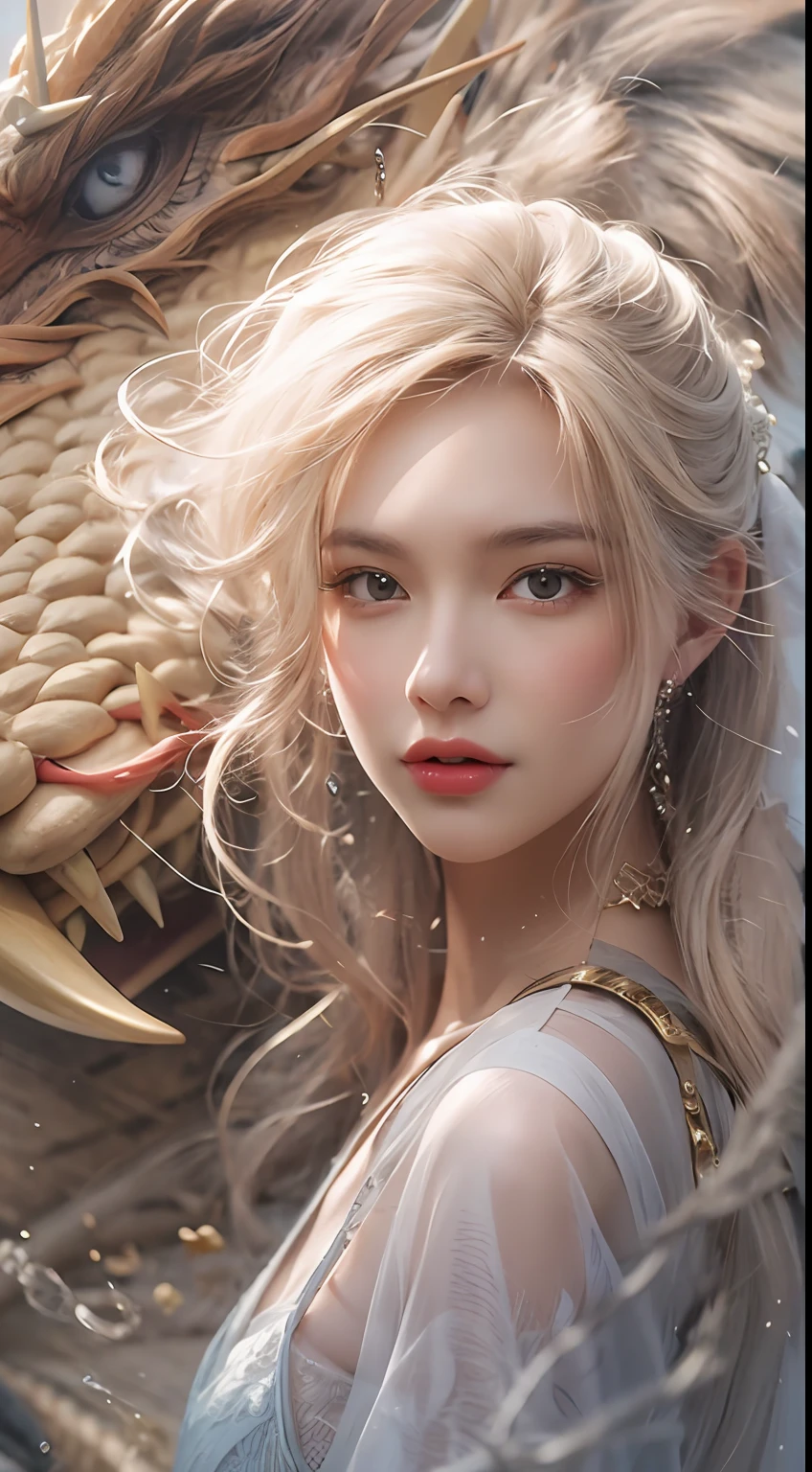 (Best quality), (Masterpiece), a very exquisite and beautiful girl, Very detailed, Amazing, exquisitedetails, offcial art, Super detailed, high-class, beautiful details girl, with a radiant face, a girl  standing in front of a dragon, Long, without humans, Dragon, (Floating blonde hair), jade water book, water, Waves, fullofwaterenergy, All mechanical, pink mechanical, mix4,swordsman,1girll