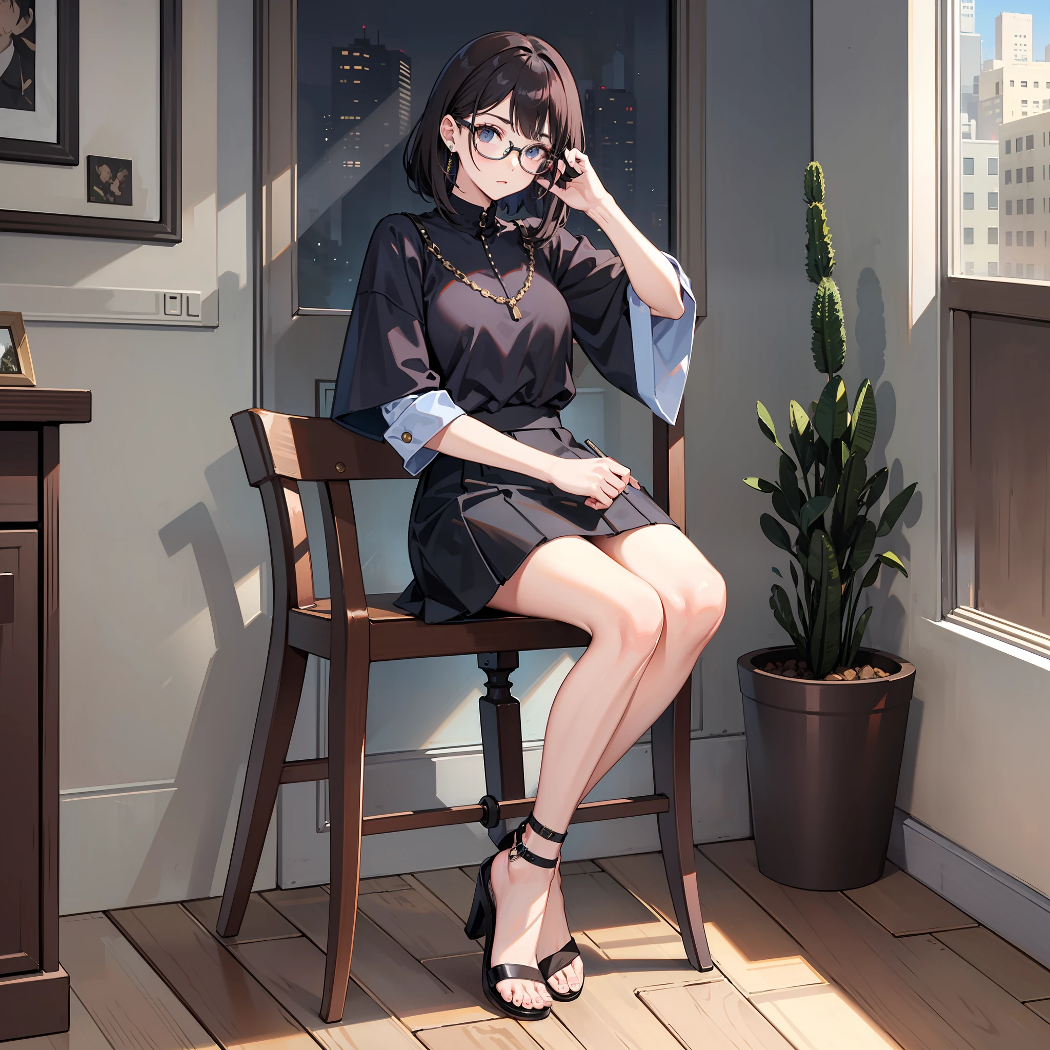 sit on chair,heeled sandals,black short skirt,Black round frame glasses