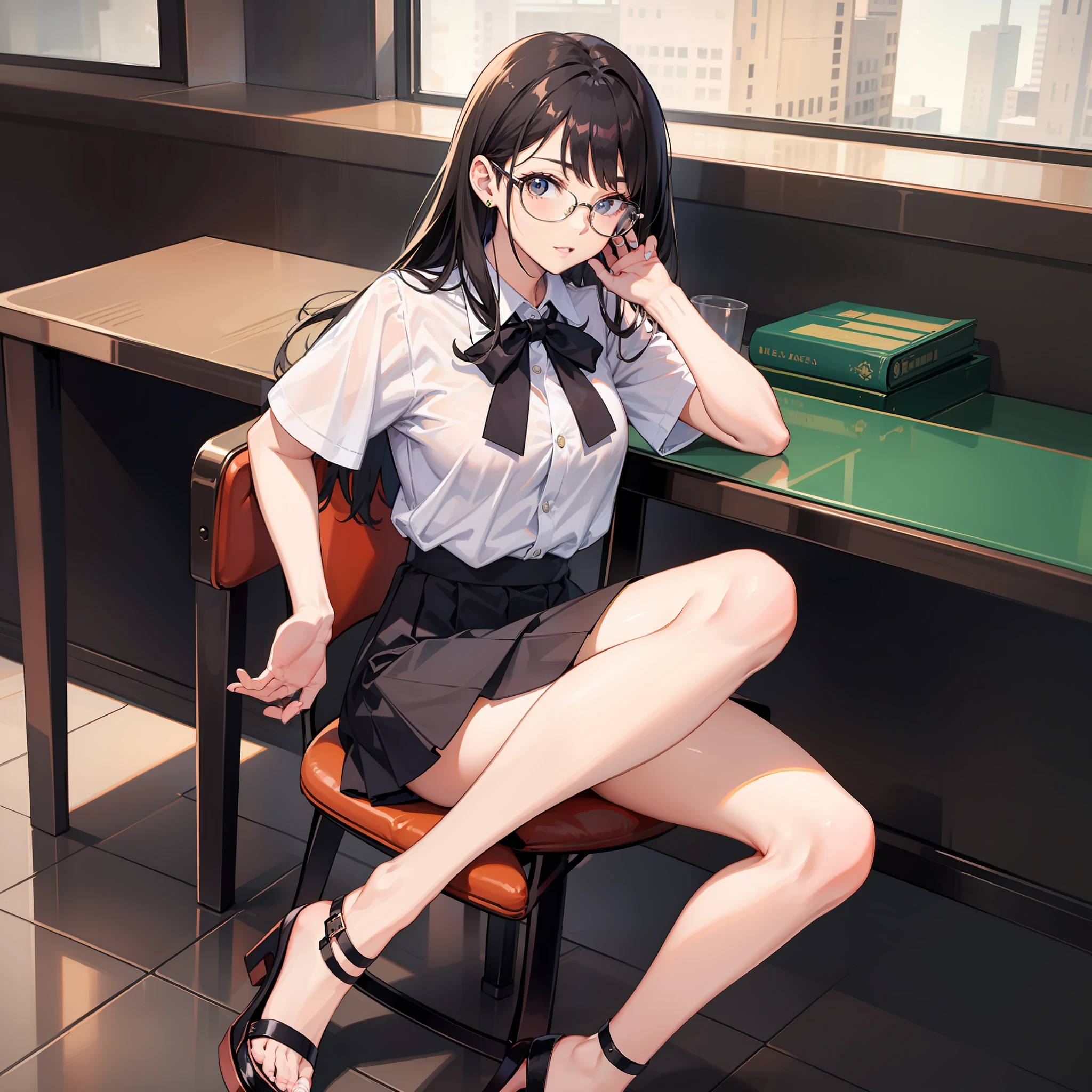 sit on chair，heeled sandals，black short skirt，Black round frame glasses