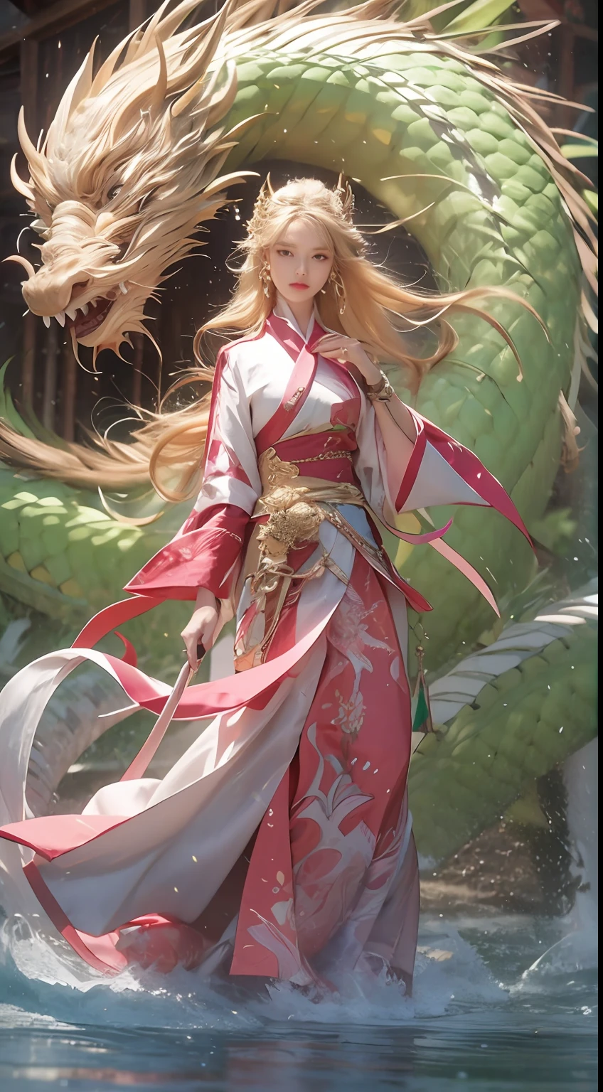 (Best quality), (Masterpiece), a very exquisite and beautiful girl, Very detailed, Amazing, exquisitedetails, offcial art, Super detailed, high-class, beautiful details girl, with a radiant face, a girl standing in front of a dragon, Long, without humans, Dragon, (Floating blonde hair), jade water book, water, Waves, fullofwaterenergy, All mechanical, pink mechanical, mix4,swordsman,1girll