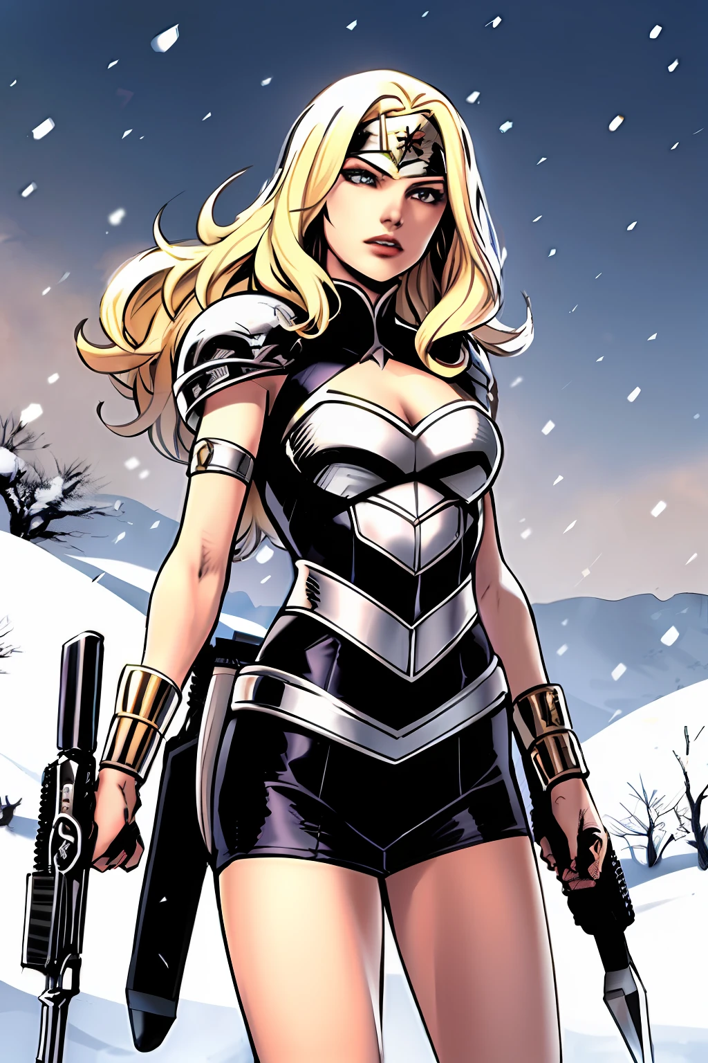 Jim lee, 1girl, bracelete, medium wavy blonde hair, blurry, clamp, breath, capa, cowboy shot, profundidade de campo, segurando, segurando arma, lacing, olhando para o espectador, half-open lips, pomo, realista, aperto reverso, escudo , saia, neve, nevando, solo, anti-villain, espada, tiara, tonificado, arma, Gun behind the back, ((obra-prima))