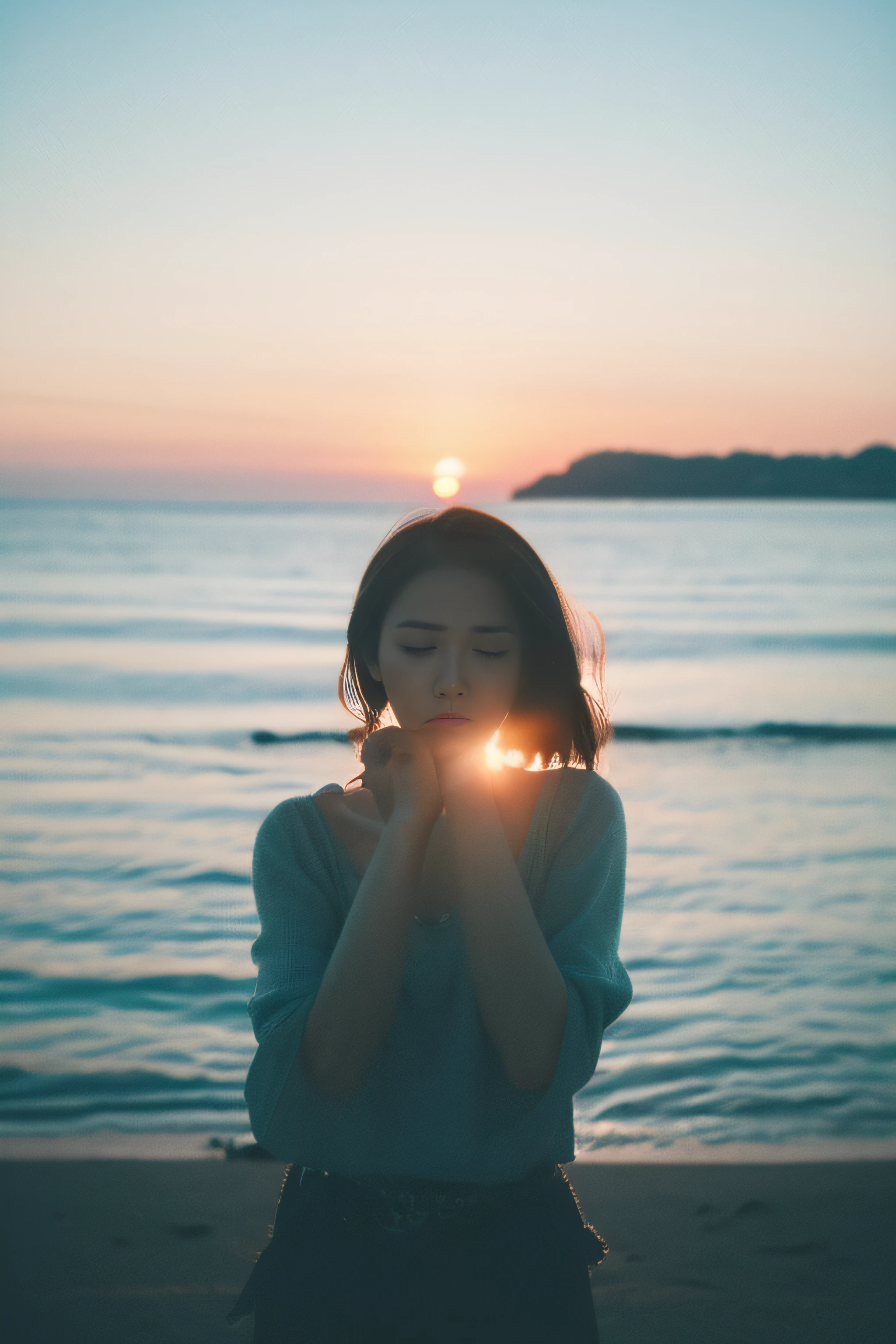 Photo of a Beautiful Korean kpop idol Woman, Summer,sea side、shores、 Lustful, Film-like shades、Cinematic、Film grain, 80mm、emotive、Looking at the camera、Run your hands over your face to avoid light、realisitic、masuter piece