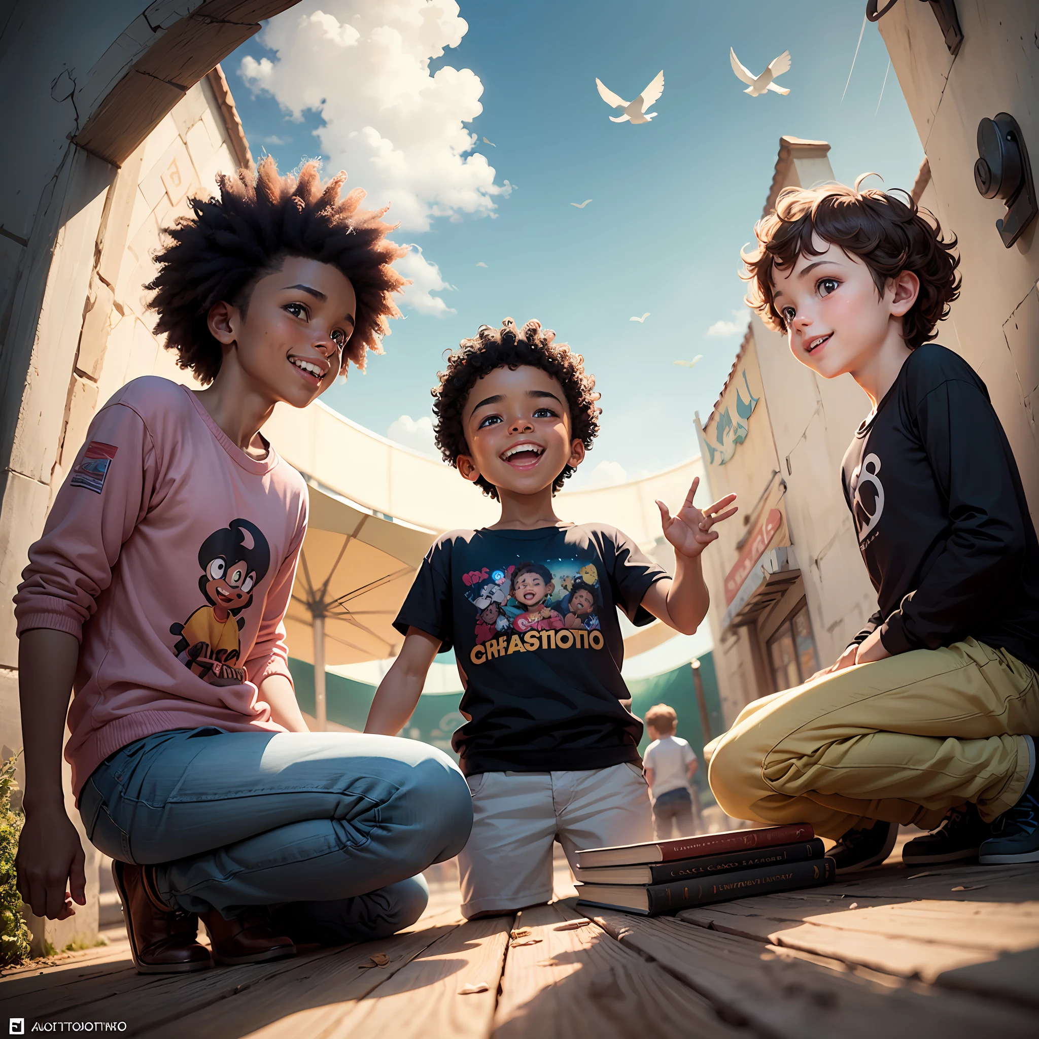 6-year-old children's cartoon character in an amusement park ,Looking at the birds in the sky , negro, (afetos faciais detalhados)(((baby)), tiro limpo, Ghailan!, como um personagem pixar, jovem bonito, afro, grace and blessing, (((sorriso bonito))), renderizado em irreal, imagem promocional de livro infantil, imagem renderizada --auto