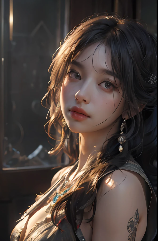 (RAW photo, best quality), (realistic, photo-realistic:1.3),best quality,highly detailed,masterpiece,ultra-detailed,illustration,1girl,upper_body,dynamic angle,world masterpiece theater,messy_long_hair,best quality,extremely detailed CG unity 8k wallpaper,ink,Amazing,cinematic lighting,lens_flare, dunhuang_style