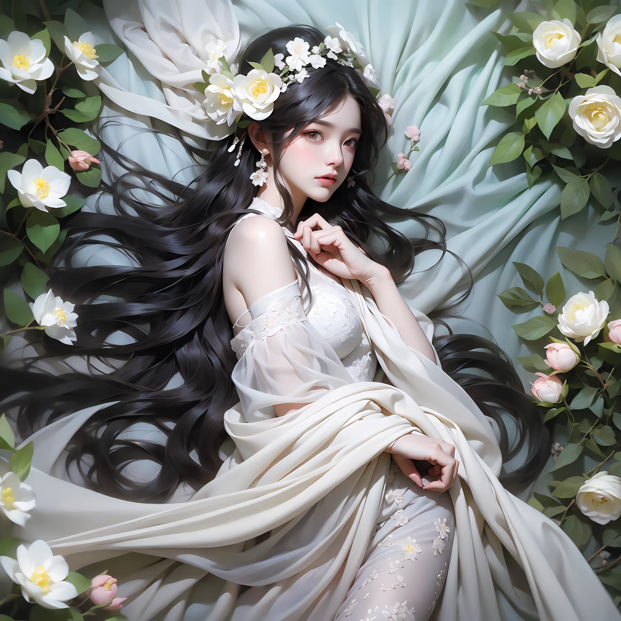 1 girl, full body photo, black hair, flowing hair, hazy beauty, extremely beautiful facial features, white embroidered dress, hairpins on her head, lying in a flower bush, hand dragging chin, perfect hand, white flower, (spring, rainy day, terraces, mountains), simple vector art, contemporary Chinese art, soft light, entangled scarf, overlook