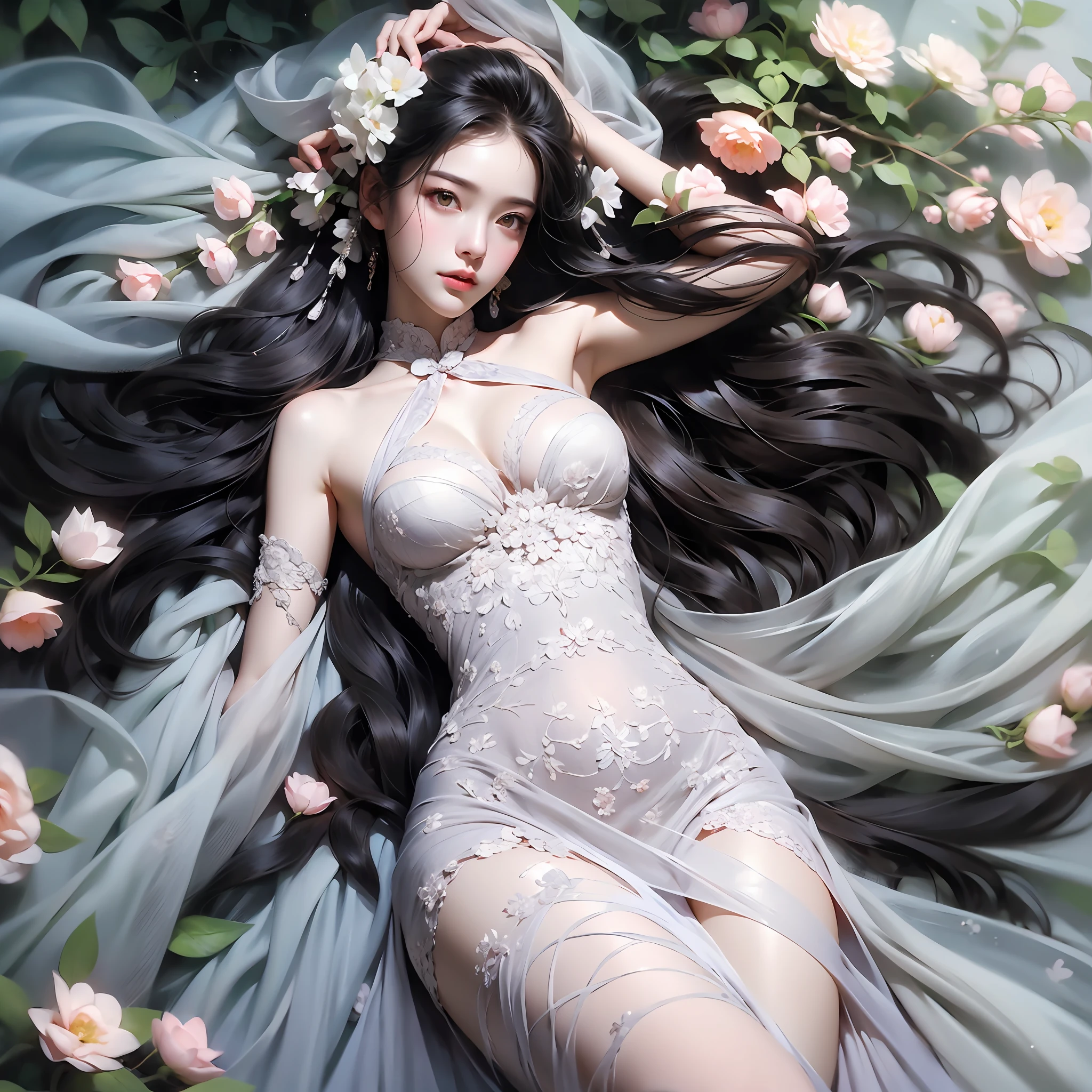 1 girl, full body photo, black hair, flowing hair, hazy beauty, extremely beautiful facial features, white embroidered dress, hairpins on her head, lying in a flower bush, hand dragging chin, perfect hand, white flower, (spring, rainy day, terraces, mountains), simple vector art, contemporary Chinese art, soft light, entangled scarf, overlook