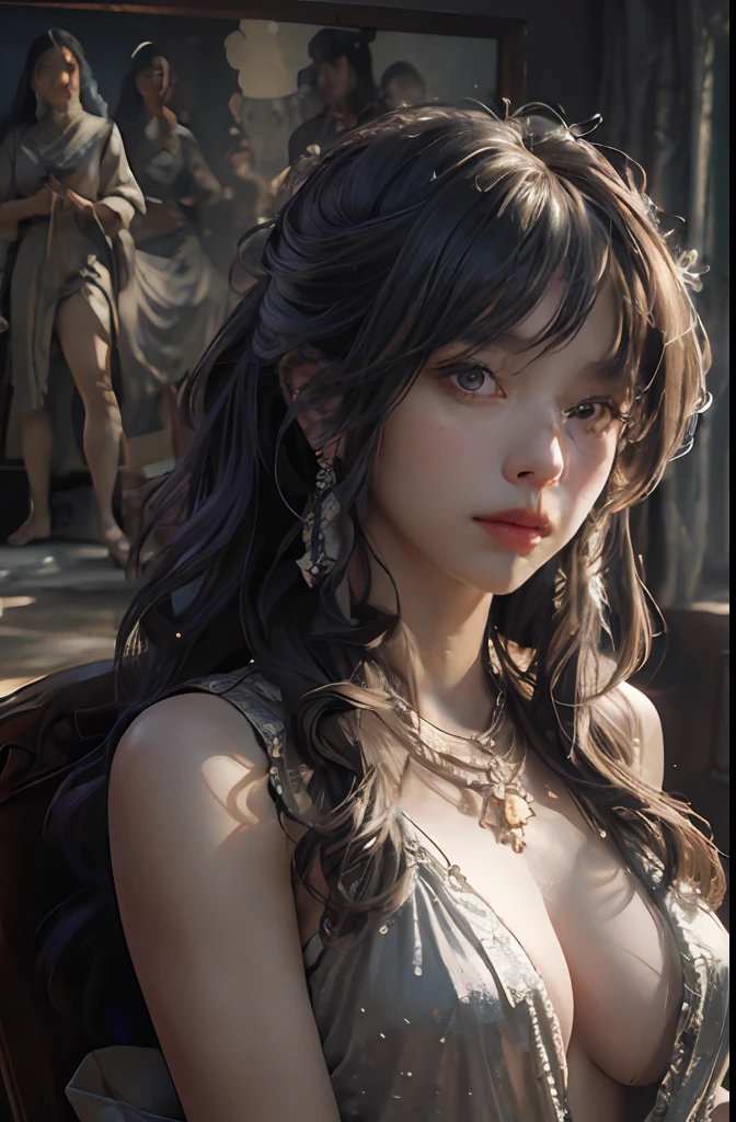 (RAW photo, best quality), (realistic, photo-realistic:1.3),best quality,highly detailed,masterpiece,ultra-detailed,illustration,1girl,upper_body,dynamic angle,world masterpiece theater,messy_long_hair,best quality,extremely detailed CG unity 8k wallpaper,ink,Amazing,cinematic lighting,lens_flare, dunhuang_style
