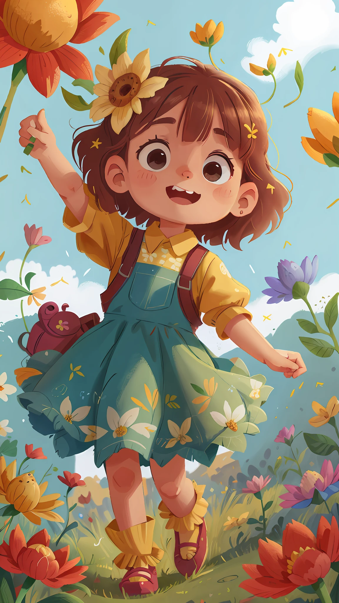 Uma menina segurando flores, Dancing, arms and hands ajar;, segurando flores, feliz, feliz, qualidade perfeita, foco claro (mess-house: 0.8), (obra-prima: 1.2) (Realista: 1.2) (Bokeh) (Melhor qualidade) (Pele detalhada: 1.3) (Detalhes intrincados) (8K) (Olhos de detalhe) (foco nítido), (Feliz)