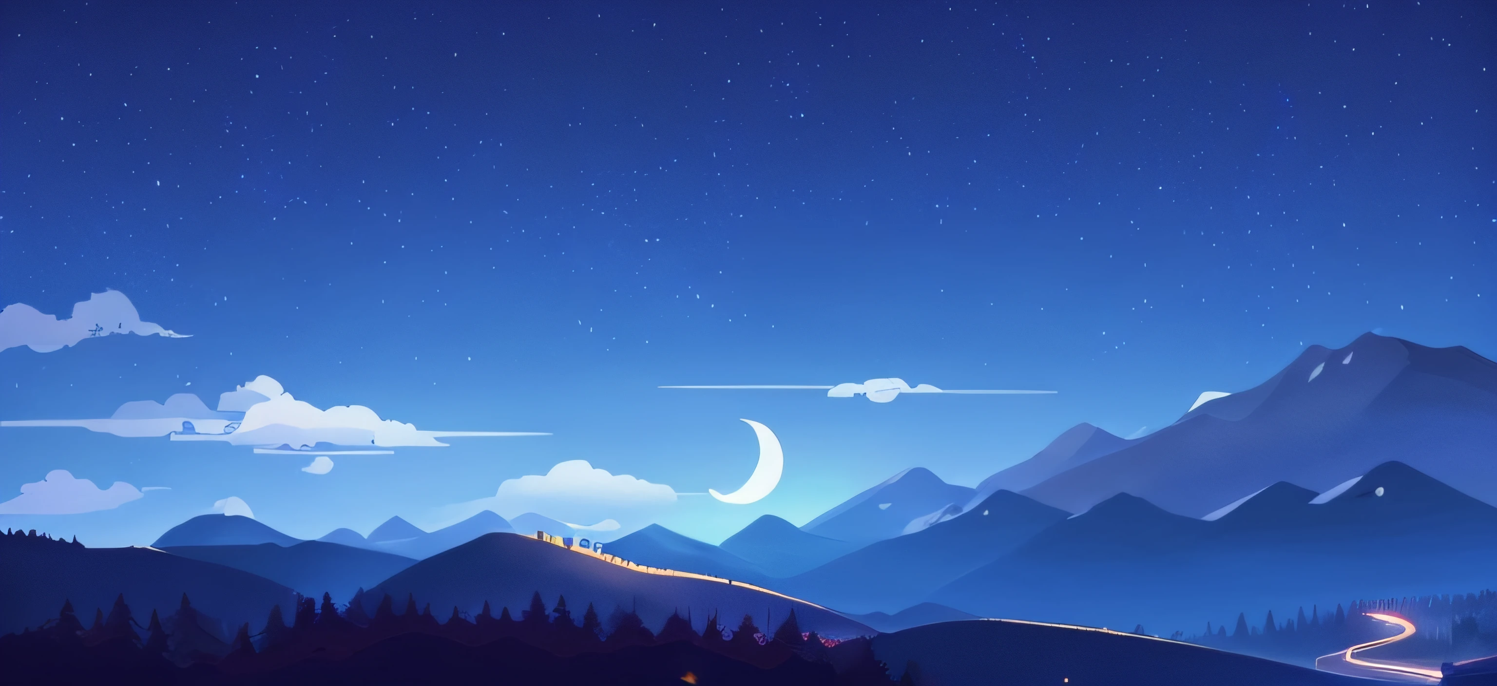 There is a photo of the mountain and crescent moon, calm evening. Digital illustration, Night landscape background, Night background, moonlit starry sky environment, nighttime scene, nighttime nature landscape, nighttime scene, crescent moon in background, Moonlight background, moon light in the top background, Mobile game background, Landscape background, moon landscape, 2d game background，4k画质，In the daytime，There are pine forests in the mountains，There are winding rivers，There are clouds