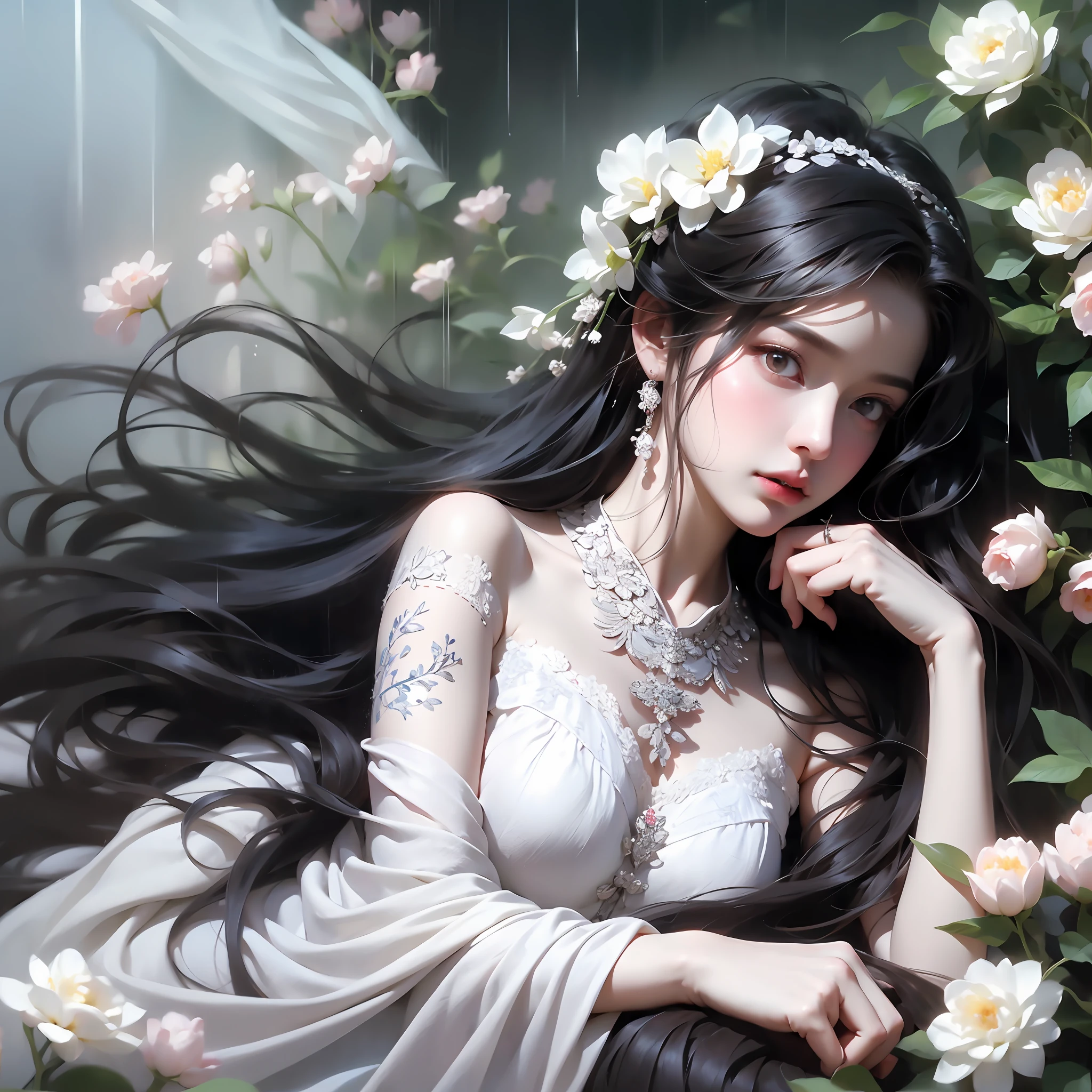 1 girl, full body photo, black hair, flowing hair, hazy beauty, extremely beautiful facial features, white embroidered dress, hairpins on her head, lying in a flower bush, hand dragging chin, perfect hand, white flower, (spring, rainy day, terraces, mountains), simple vector art, contemporary Chinese art, soft light, entangled scarf, overlook