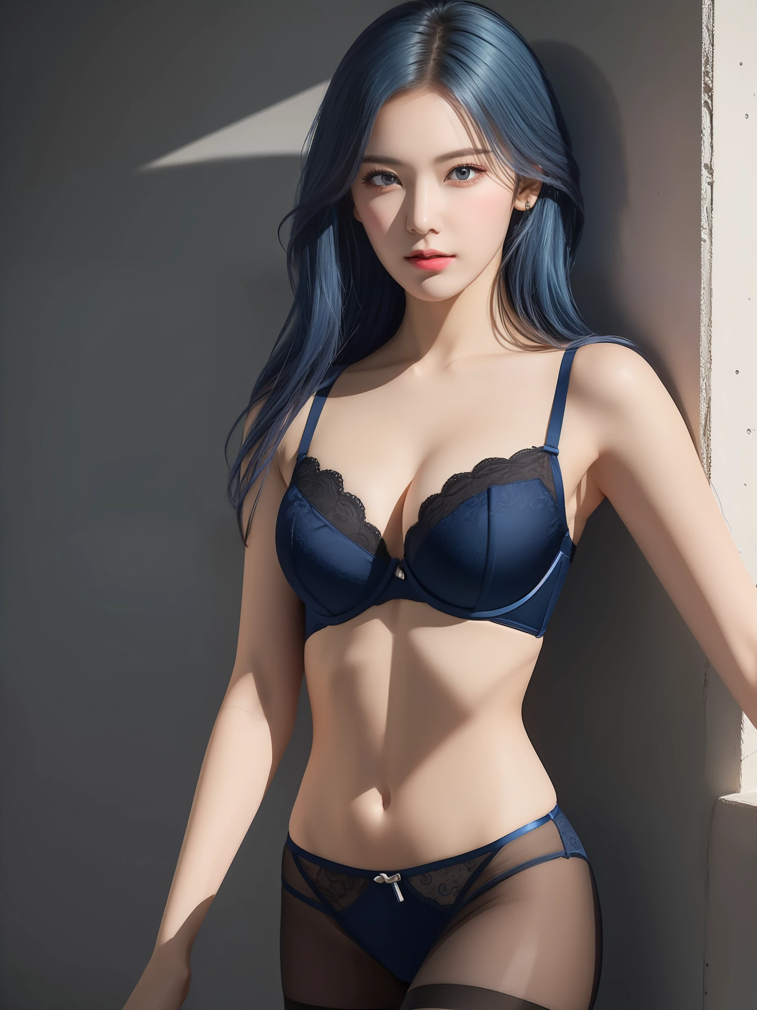 ， Serious， 独奏， （tmasterpiece， best qualtiy， Extremely detailed 8K， hyper HD， ultra - detailed， highly  detailed， Highly realistic， photograph realistic：1.3）， （1girll：1.5）， （Beautiful realistic face， extremely detailed realistic face：1.3）， （High detail realistic natural blue hair， beautiful realistic hairstyle：1.3）， （beautiful realistic eyes， red - eyed，Realistic details， Proportional eyes， realistic pupil， high detailed pupils：1.3）， （high detailed realistic natural eyebrows），（high detailed realistic lips，beautiful realistic lips，Pink lipstick：1.3），（realistic thick breasts，high proportion realistic breasts，Photorealsitic：1.4），（upper body from head to thighs，Slender body：1.5），（Sharpness：1.1），highly detailed realistic skin，tack sharp focus，（Blue bra：1.4），underdressing，fine thighs，exteriors，（primitive，simulating，Nikon Z 14mm ultra-wide-angle lens， award-winning glamour photograph，subsurfacescattering，radiant light rays，A high resolution，detailedfacialfeatures，lisses，aestheticly pleasing，extremely detaile，（Extremely detailed eyes，extremely detailed iris，extremely detailed pupils），Extremely detailed hair，Extremely detailed skin，Extremely detailed clothes，rendering by octane，realisticlying，realisticlying，Post-processing，max detail，realistic shaded，，Natural skin texture，reallife，hyper realisitc，realisticlying，photography of，8K  UHD， photography of， hdr， ellegance， Amazing， big breasts beautiful， opulent）， illustration， template， [（Color explosion psychedelic paint color：1.21）：：0.2]， a color， （covert：0.9）， （French lingerie women show small breasts beautiful back gathered thin lace bra suit lanza 【Women black stockings women photosensitive leg artifact pantyhose women thin type：1.2）， （full bodyesbian）