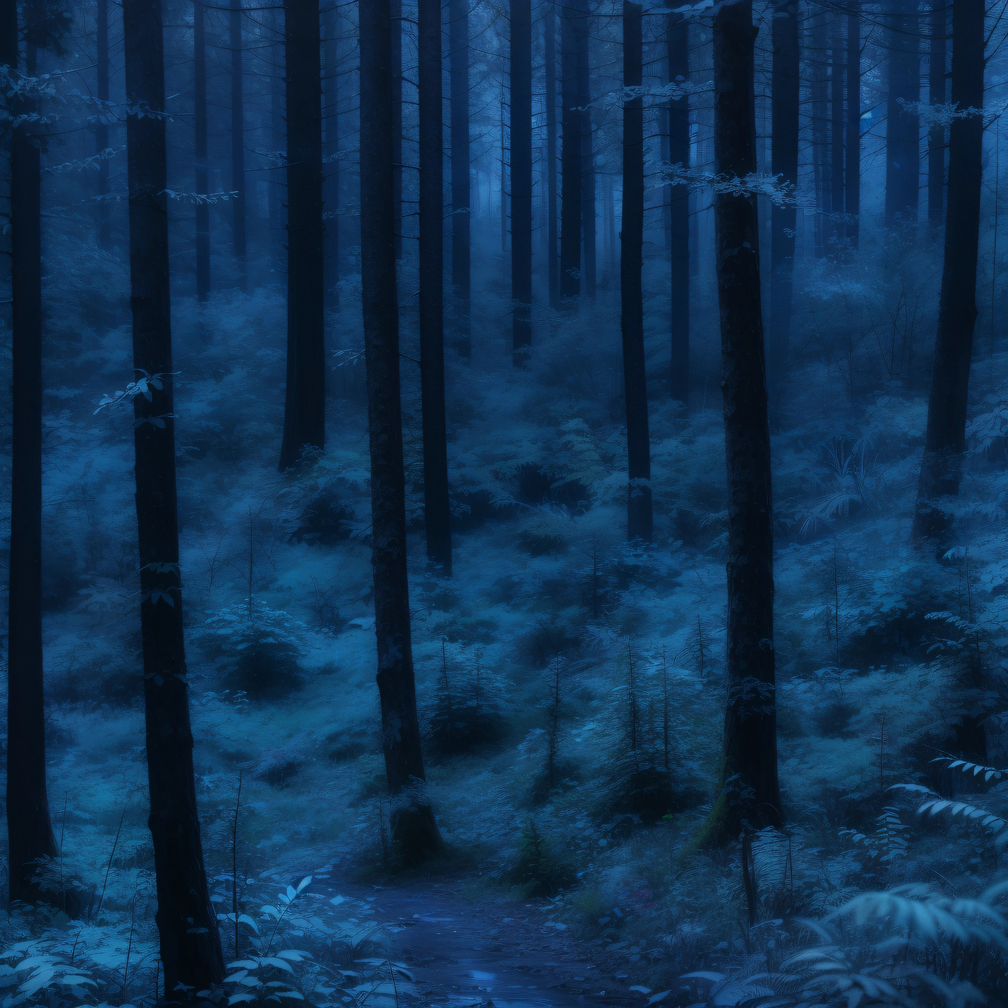 Dense forest with many trees, aspecto sombrio, raw, cinemactic, obra-prima, Nocturnal and macabre setting, predominant blue coloration, , 4k, ultra-detalhado