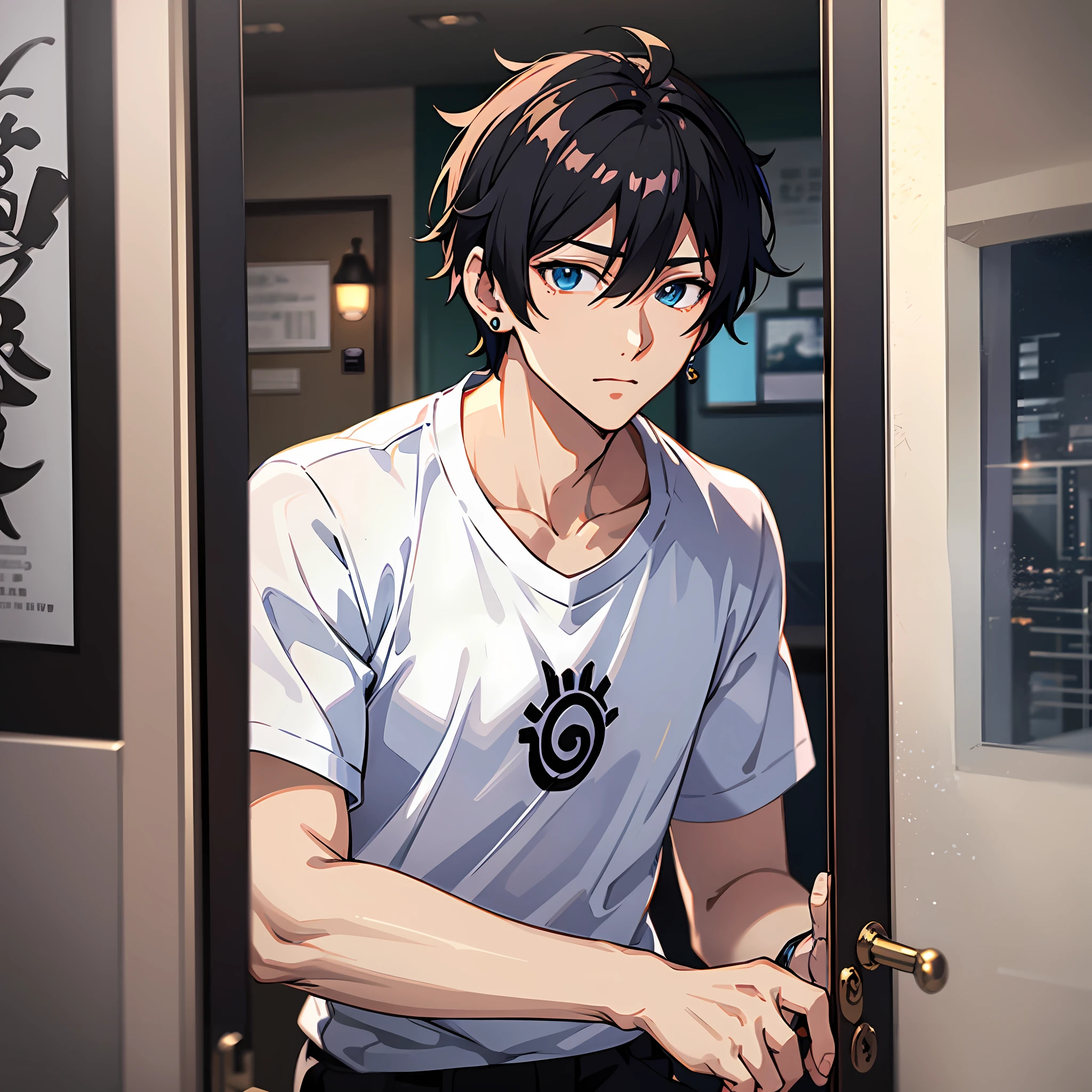 Anime characters wearing white T-shirts，Tall anime man with blue eyes，At the door of the room，young anime man，Anime handsome man，Anime portrait of a handsome man，Anime moe art style，Male anime style，inspirado em Okumura Masanobu，male anime character，Anime boys，High quality anime art style，Handsome anime pose，Smooth anime CG art，with short black hair，Black stud earrings