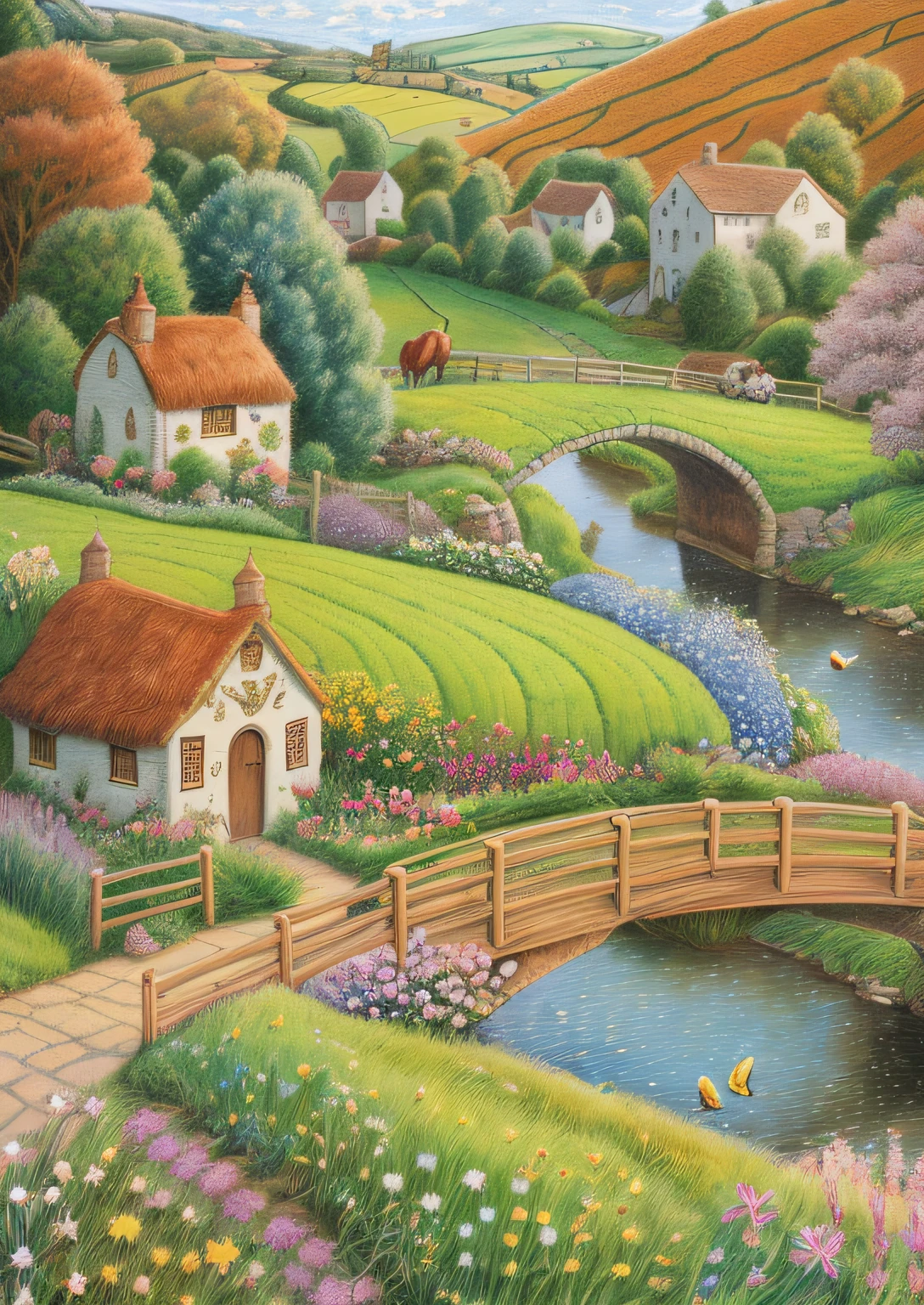 high quality comic of a horse in a field with a bridge and flowers, countryside city scene, peaceful scene, fairyland bridge, english village, story book illustration, storybook illustration, by Eileen Aldridge, cute storybook illustration, detailed art, in the countryside, a storybook illustration, magical village, childrens book illustration, published art, scenery art detailed by artist john sloane