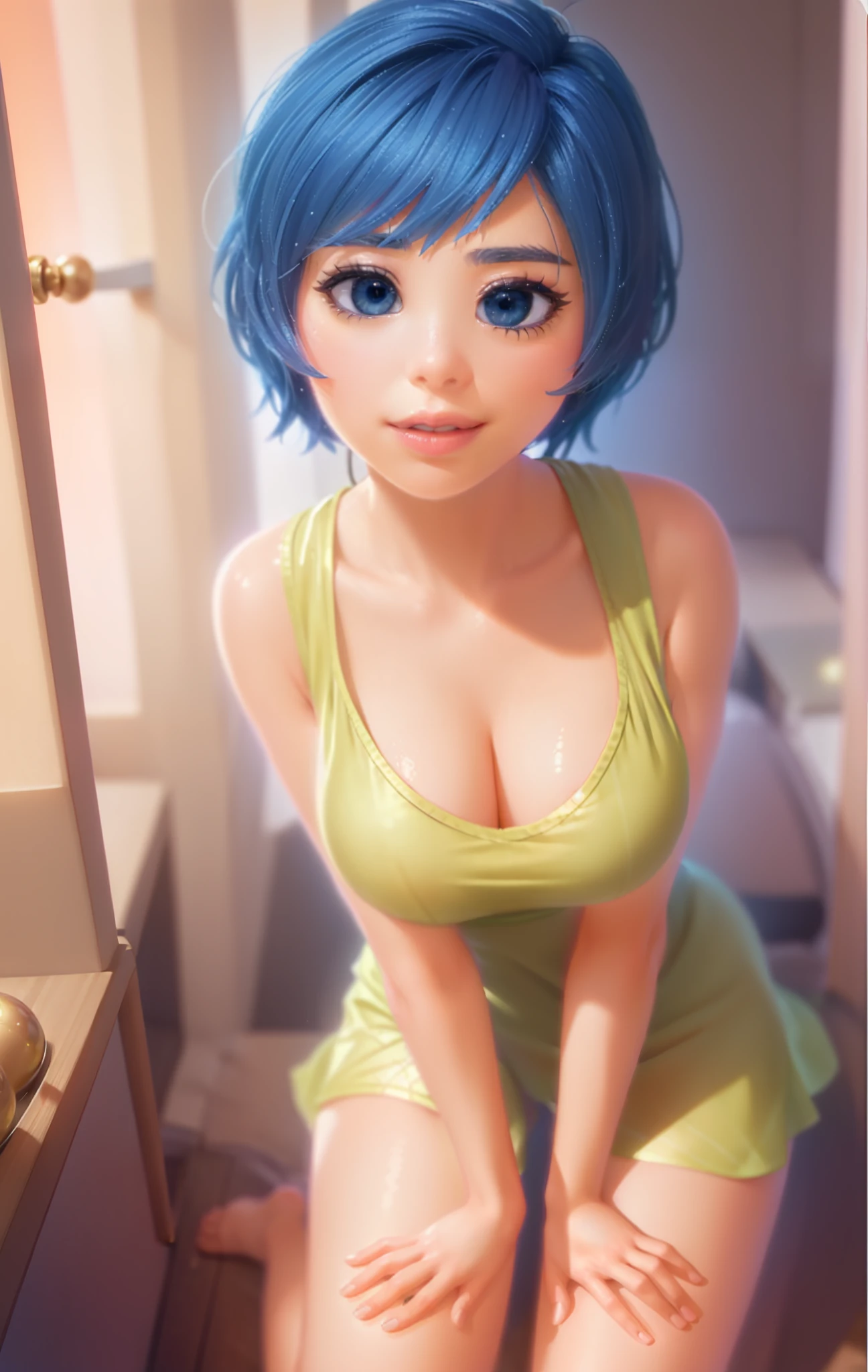 Masterpiece, Best Quality, (joying_Inside out, yellow skin, ), Happy, wet transparent mini green dress, Pixar, cartoony, 3D Rendering, little chest, sexy expression, bare footed, panty, showing panties, panties visible, ((Masterpiece)),((Best Quality)),absurdress, Sunlight, (half closed eyes:0.4), (parted lips:1.4), (nose blush:1.2), slight smile, detailed between legs, (((from below))), foreshortening, looking at viewer, blackcutoffs, (eye contact), masterpiece, high contrast, best quality, ultra high res, high resolution, detailed, (parted lips:1.4), (nose blush:1.2), breasts visible, Showing breasts, (cinematic lighting), ((high-angle view)), (half body shadow), [backlighting], [crepuscular ray], [detailed ambient light], [gray natural lighting], [ambient light on the belly], (higher wildlife feral detail), [explict content], [sharp focus], (questionable content), (shaded), ((masterpiece), Commission for High Res, masterpiece, best quality, detailed image, bright colors, detailed face, perfect lighting, perfect shadows, perfect eyes, girl focus, flawless face, gorgeous body, shiny body, center focus, gaze at the viewer, 1girl, solo, (masterpiece:1.21), (best quality:1.2), (illustration:1.2), (cinematic lighting:1.3), balanced coloring, global illumination, ray tracing, good lighting, cleavage, attractive body, sexy body, looking at viewer, SFW, portrait close up