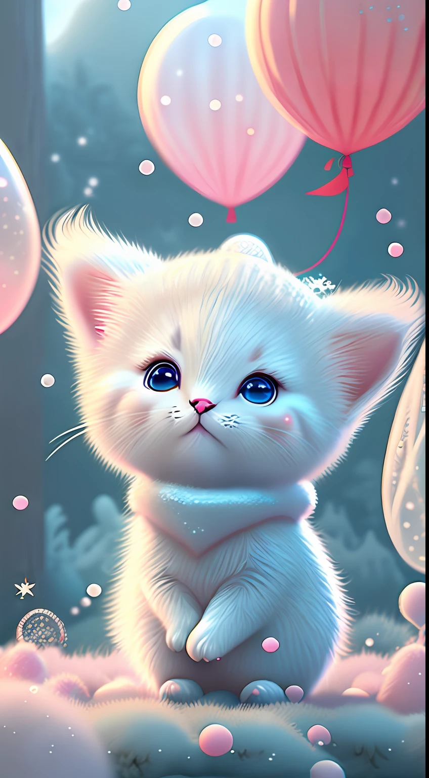 In this ultra-detailed CG art，Cute kittens surrounded by ethereal balloons，laughingly，blingbling，red colour，Best quality at best，A high resolution，Complicated details，fanciful，cute animal，Funny，Open-mouthed！！！，laughingly！！，To the right！！！
