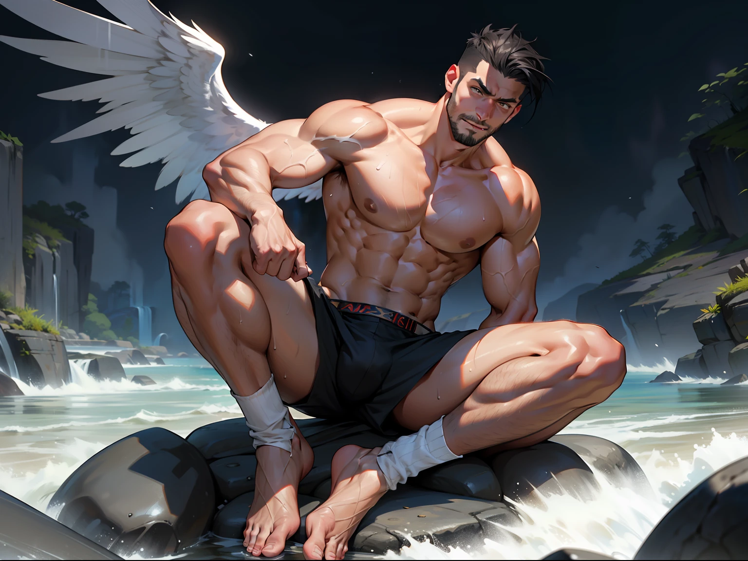 masterpiece, best quality, face, natural eyes, 1man, european, big feet, black socks, (no shoes), full body, large bulge, long legs, looking at viewer, 30 years old, muscled and mature, short haircut, face covered with white fluids, sweating, tight cloth, erecting, shirtless, topless, smirks, solo, white skin, muscular, muscle man, tall, hunk, big biceps, abs, wide shoulder, open chest, facial hair, black short hair, wet body, wet hair, shirtless, viewer looking, high resolution:1.2, best quality, full body, flat style, dark sky, a male angel with huge black wings, fire on the ground, dark angel, black wings, tatooed arms, remote camera