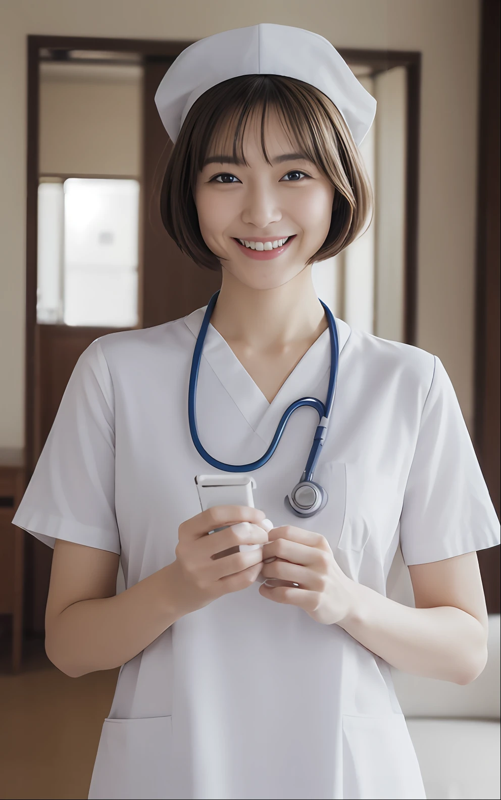 ((top-quality、8K、masterpiece:1.3))、focus:1.2、Perfect Body Beauty:1.4、s ass:1.2、((Short-cut hair))、(nurse's uniform:1.1)、(a room、livingroom:1.3)、Highly detailed facial and skin texture、finely eye、二重まぶた、Whitened skin、huge tit、a smile、with nurse hat