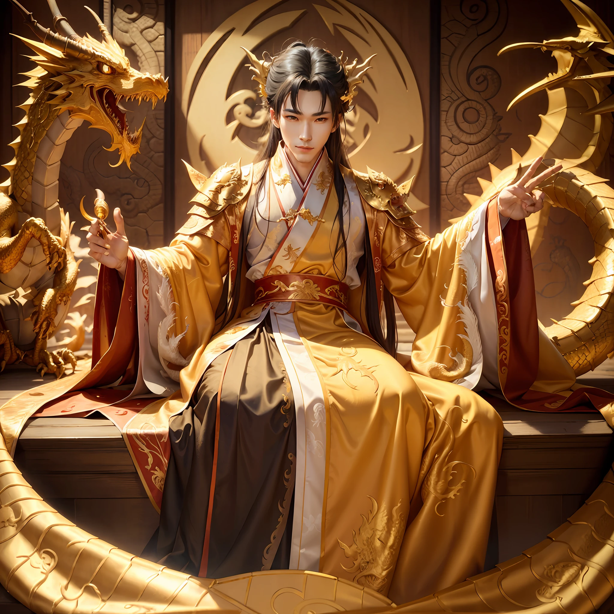 Handsome man in costume, Hanfu dragon robe, prince, Sit on a chair with a golden yellow carved dragon pattern, legs are open, Long Chinese style hair, ssmile。 --auto
