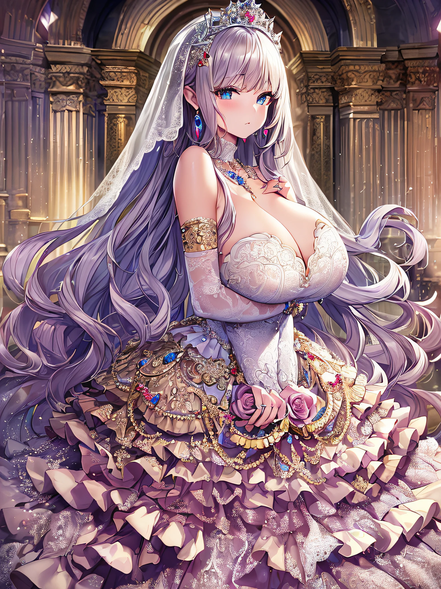 ((anime artstyle)),(Masterpiece),(Best Quality), (Super Detail),((Very Delicate and Beautiful)),Focus on character,Dynamic Angle,Looking at viewer,((Solo)),standing,((full body)),((one princess in gorgeousfull BlingBling wedding dress with voluminous skirt)),((June bride)),detailed face and eyes,jewel-like eyes,((Very Long voluminous Hair)),gorgeous embroidery and lace,((gorgeous corsage)),See-through,(Gorgeous jewelry ornaments),luxury hair ornament,BlingBling luxury tiara with jewels,ornate ruffles,((gigantic breasts,Long breasts)),indoor,church wedding,((full body)),hoop skirt,crinoline,very long gorgeousfull wedding veil,(((jeweled gorgeous embroidery BlingBling wedding dress)))