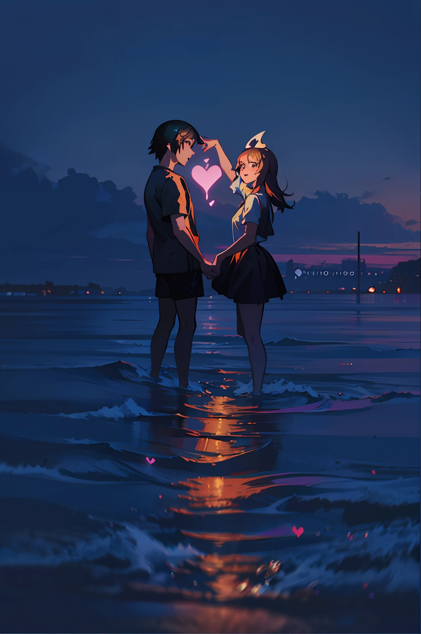 There were two people standing in the water，Hold a heart, Makoto Shinkai Cyril Rolando, Guweiz e Makoto Shinkai, ross tran and ilya kuvshinov, loish and ross tran, by Atey Ghailan, anato finnstark and alena aenami, ( ( Makoto Shinkai ) )