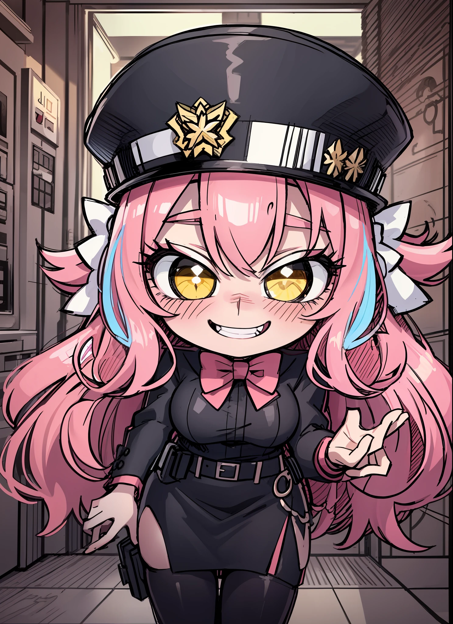 chibi, pink hair, yellow pupils, love in eyes, bow hairpins, blushing, cute, smug, smile, rolling eyes, white bow tie, black police outfit, police hat, long sleeves, miniskirt, big breasts