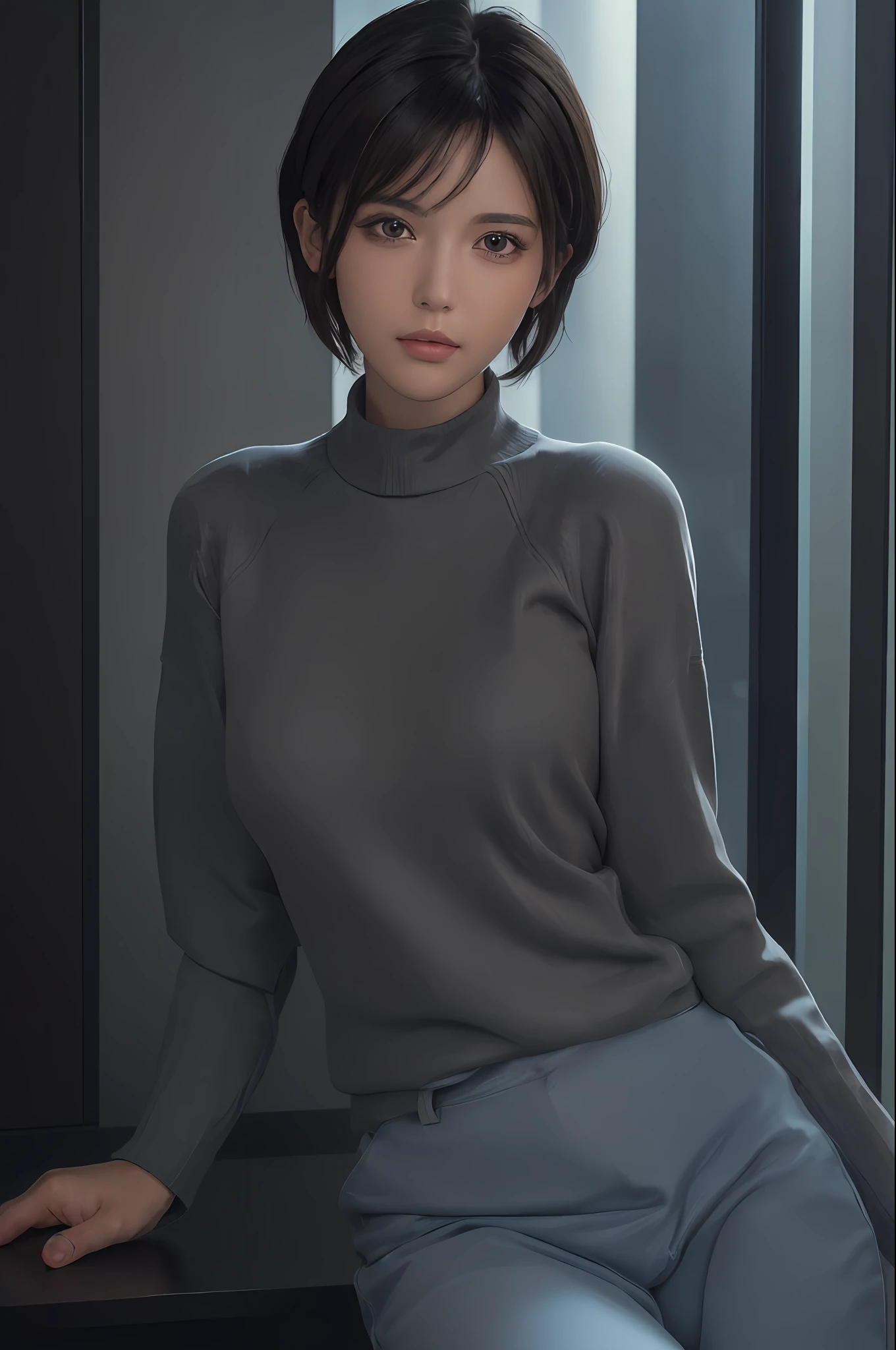 (masterpiece:1.3), (8k, photorealistic, RAW photo, best quality: 1.4), (1girl), beautiful face, (realistic face), (black hair, short hair:1.3), beautiful hairstyle, realistic eyes, beautiful detailed eyes, (realistic skin), beautiful skin, (sweater), absurdres, attractive, ultra high res, ultra realistic, highly detailed, golden ratio