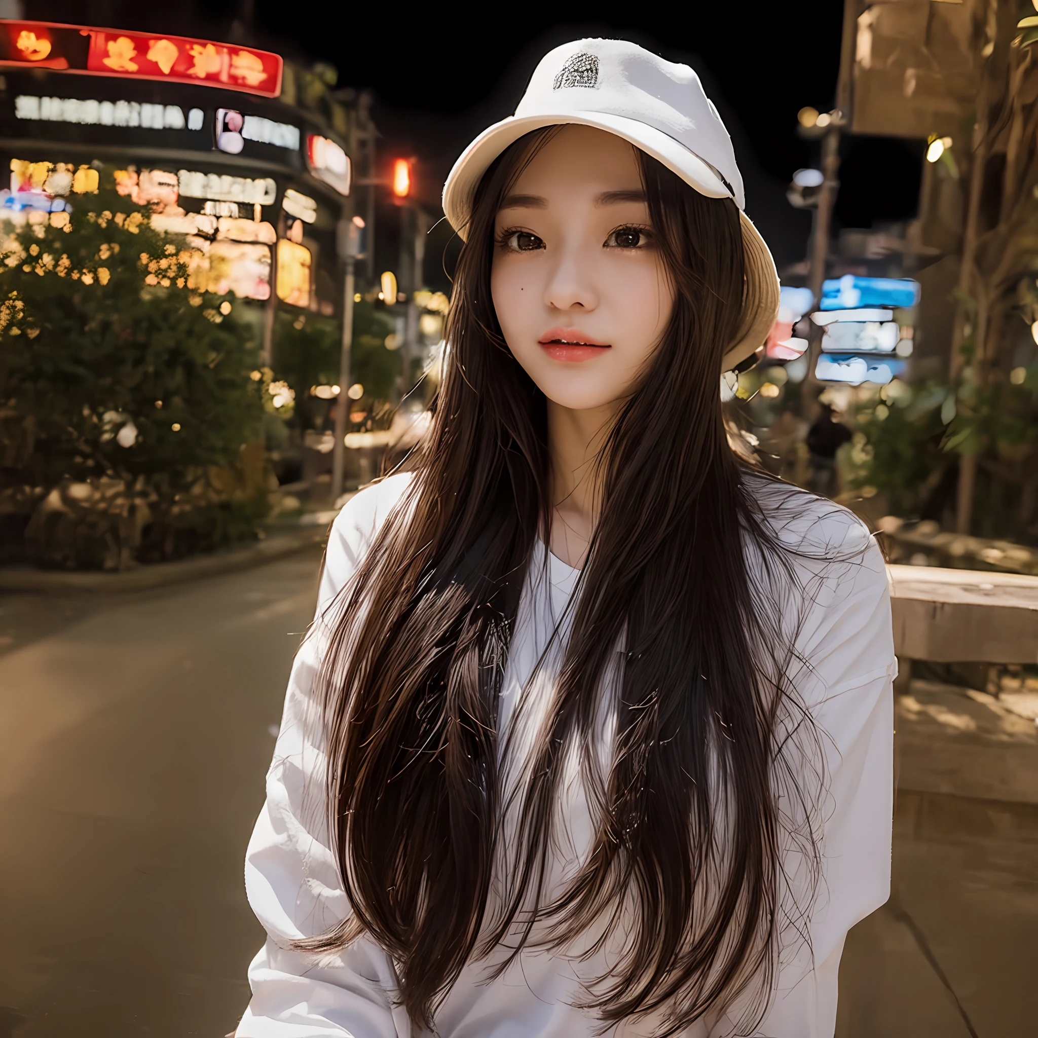 1girll, Beijing Street, natta, view over city, City lights, The upper part of the body, best qualtiy, tmasterpiece, realisticlying, photograph realistic,Shopping,white skinned,wearing hat
