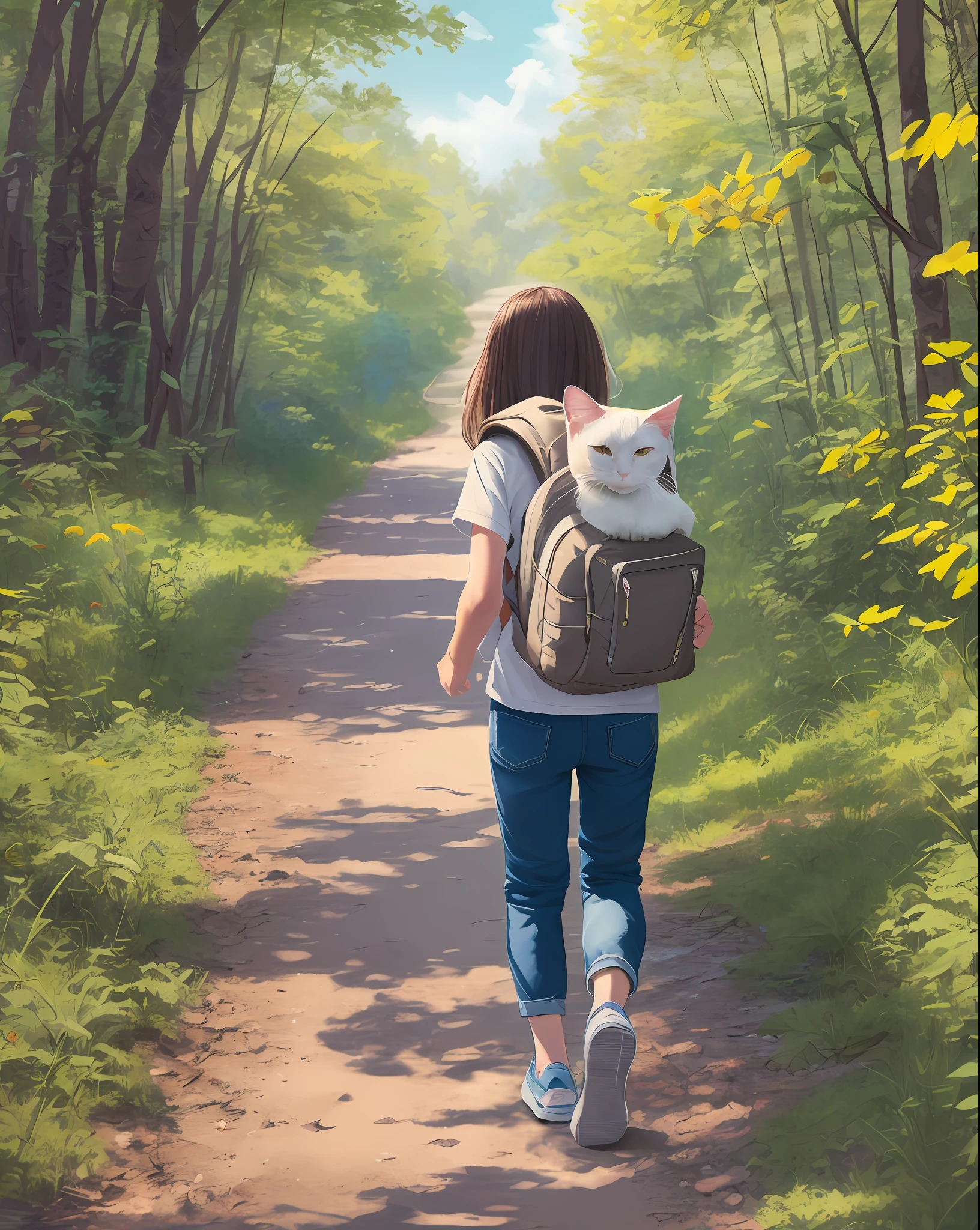 Blend of comic book art and lineart is full natural colors. A running young girl age 8 years old with her one white cat, facing front, spring outing, long pants, happy, backpack on back, forest in the background, perfect quality, clear focus, colorful, perfect face, intricate details, ultra-low viewing angle --auto --s2