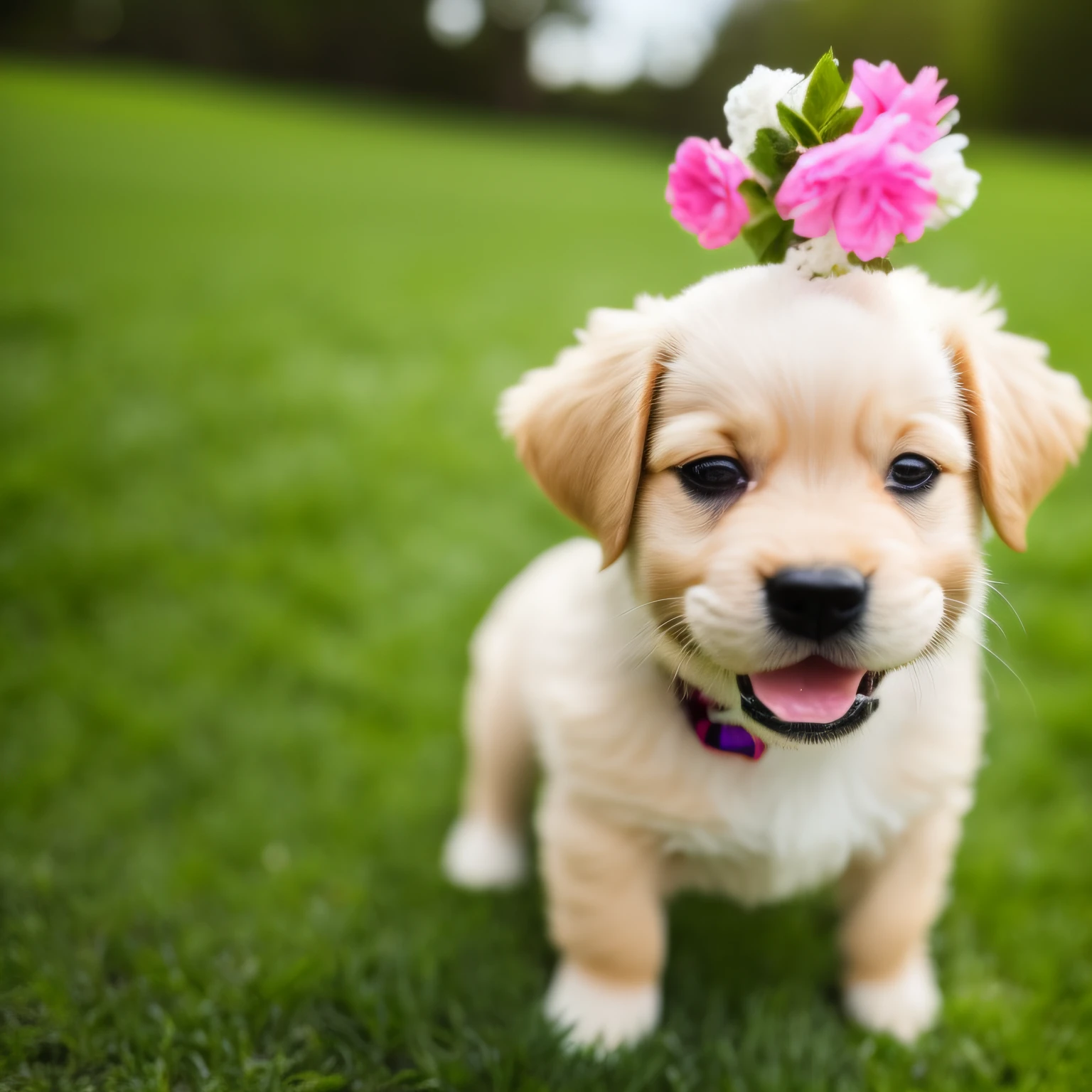 [Image of a smiling and refreshed puppy, Ready for summer, with a little heart on top of his head] --auto