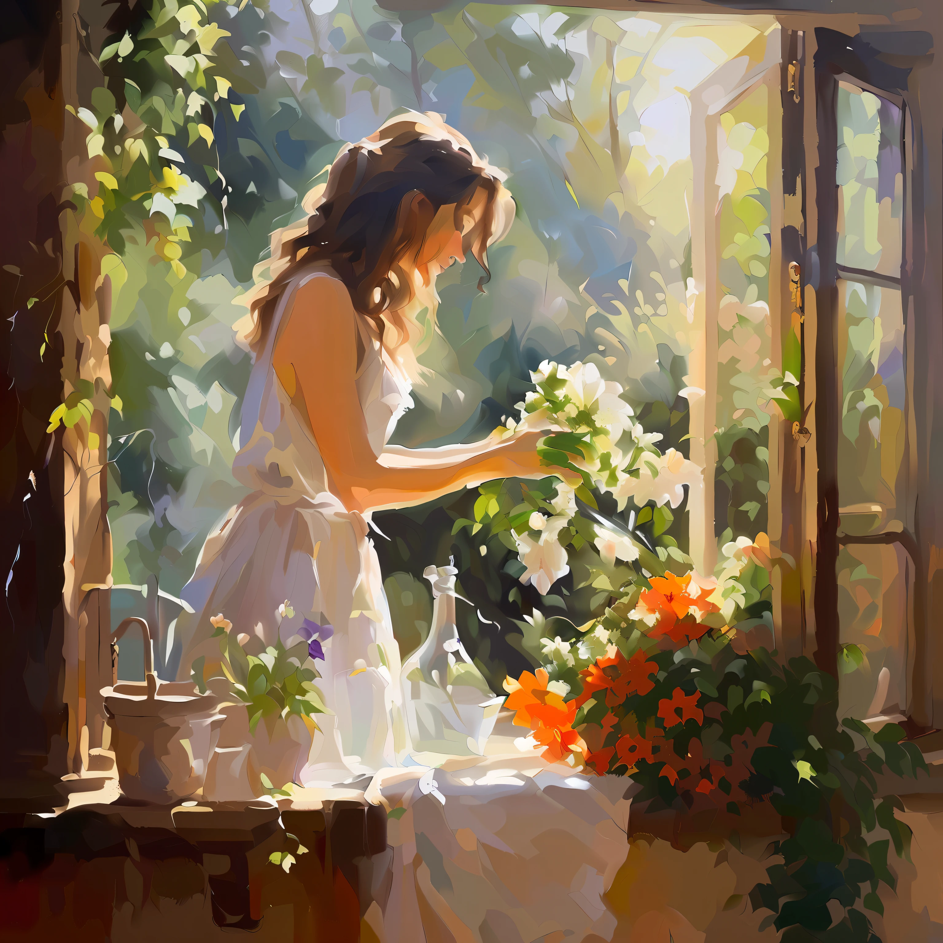 Painting a woman watering flowers outside the window, painting Vladimir Voregov, Vladimir Voregov, Voregov, Steve Henderson, Daniel Gerkhaz, beautiful painting, summer morning light, romantic painting, beautiful oil painting, away from windows, beautiful digital painting, summer afternoon, malek okon, beautiful digital artwork, Arthur Pan