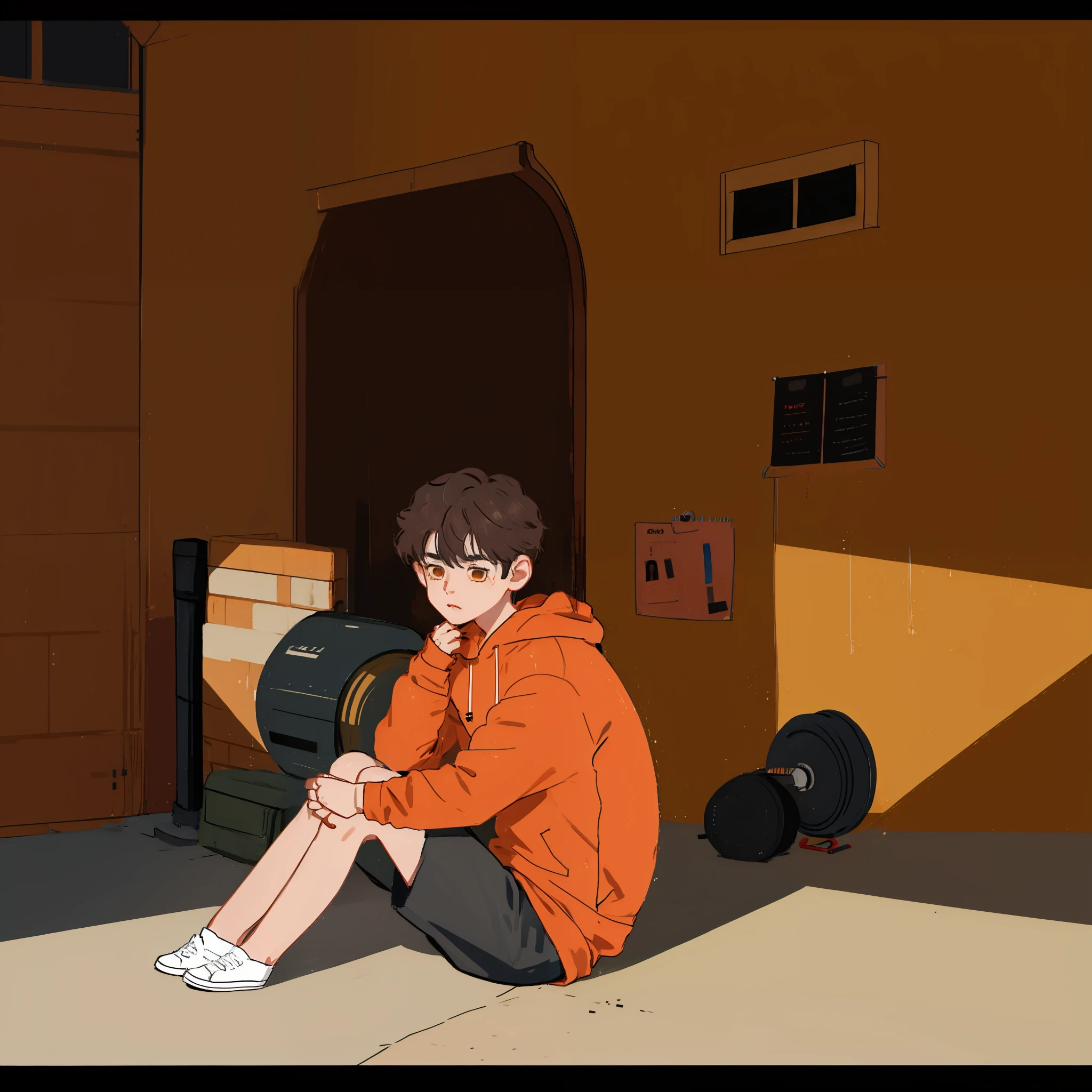 boy sitting on a street curb, black short wavy hair, ms paint, low quality, brown eyes, crayon quality, drawing, ((masterpiece)), ((1boy)), sketch, soft and warm lighting, red hoodie