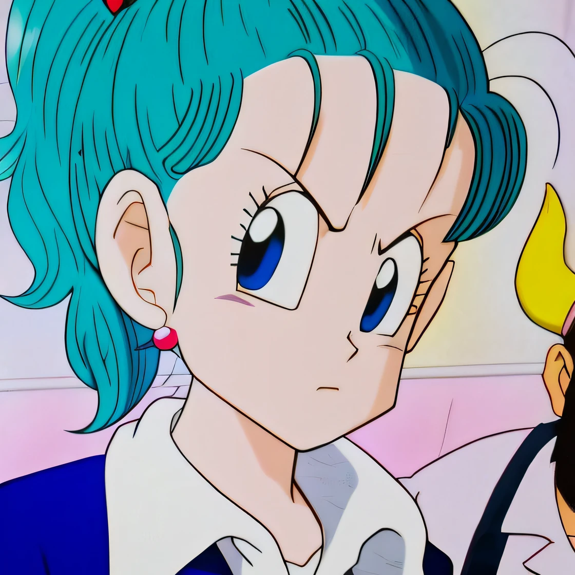 There's a blue-haired woman and a bearded man, Bulma de Dragon Ball, menina saiyajin, Menina anime com cabelo martelo, Directed by: Akira Toriyama, Menina do anime chamada Lucy, 9 0 s estilo de arte anime, close up de uma jovem garota de anime, mulher de cabelo azul curto, Goku Feminino, she has a distant expression, 9 0 s estilo anime