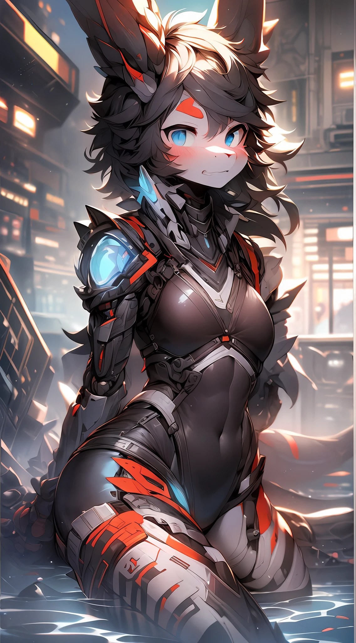 Dragons in mecha,bit girl,dark gray,Blue-and-black hair,eBlue eyes,adolable,Mechanical nanoskin,black reotard,black over-the-knee socks,full bodyesbian,nakeness,Shota,Black is the theme,emaciated,emaciated,is shy,8K quality,Extreme light and shadow
