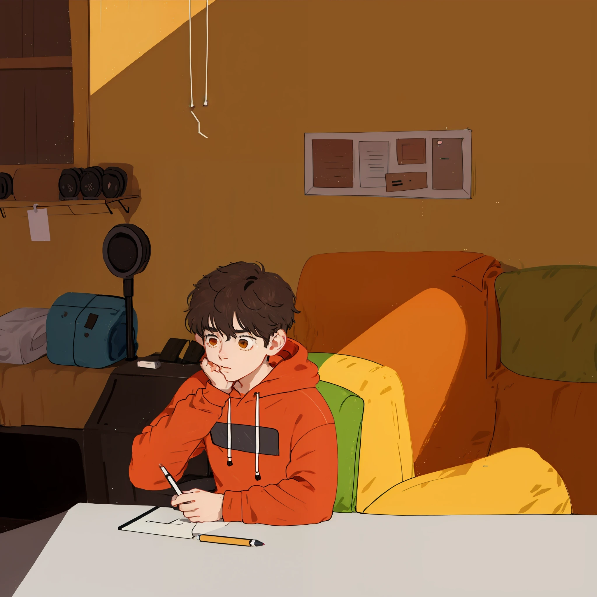 boy sitting on a street curb, black short wavy hair, ms paint, low quality, brown eyes, crayon quality, drawing, ((masterpiece)), ((1boy)), sketch, soft and warm lighting, red hoodie