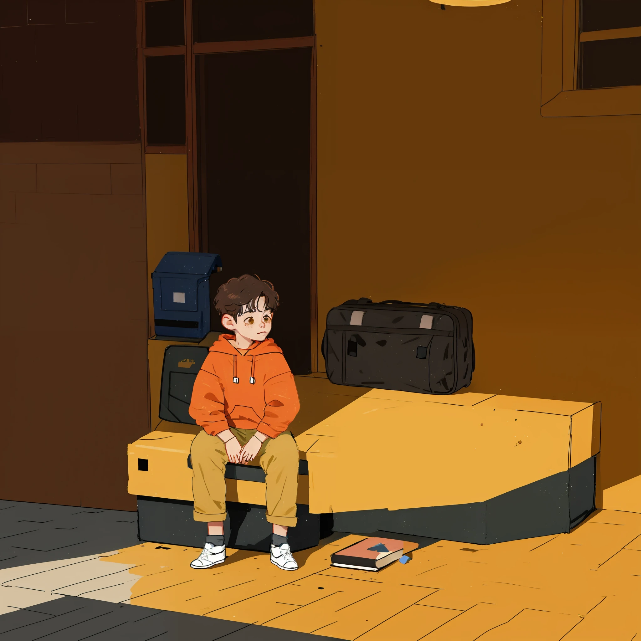 boy sitting on a street curb, black short wavy hair, ms paint, low quality, brown eyes, crayon quality, drawing, ((masterpiece)), ((1boy)), sketch, soft and warm lighting, red hoodie