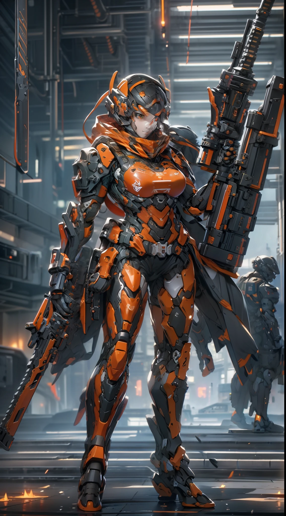 at the battlefield,A mechanical girl,solo,Wears dark red armor,red color mecha,(Carrying a long gun),The barrel is thirty millimeters long,A sniper rifle full of sci-fi colors,It looks very handsome,Action posture,
