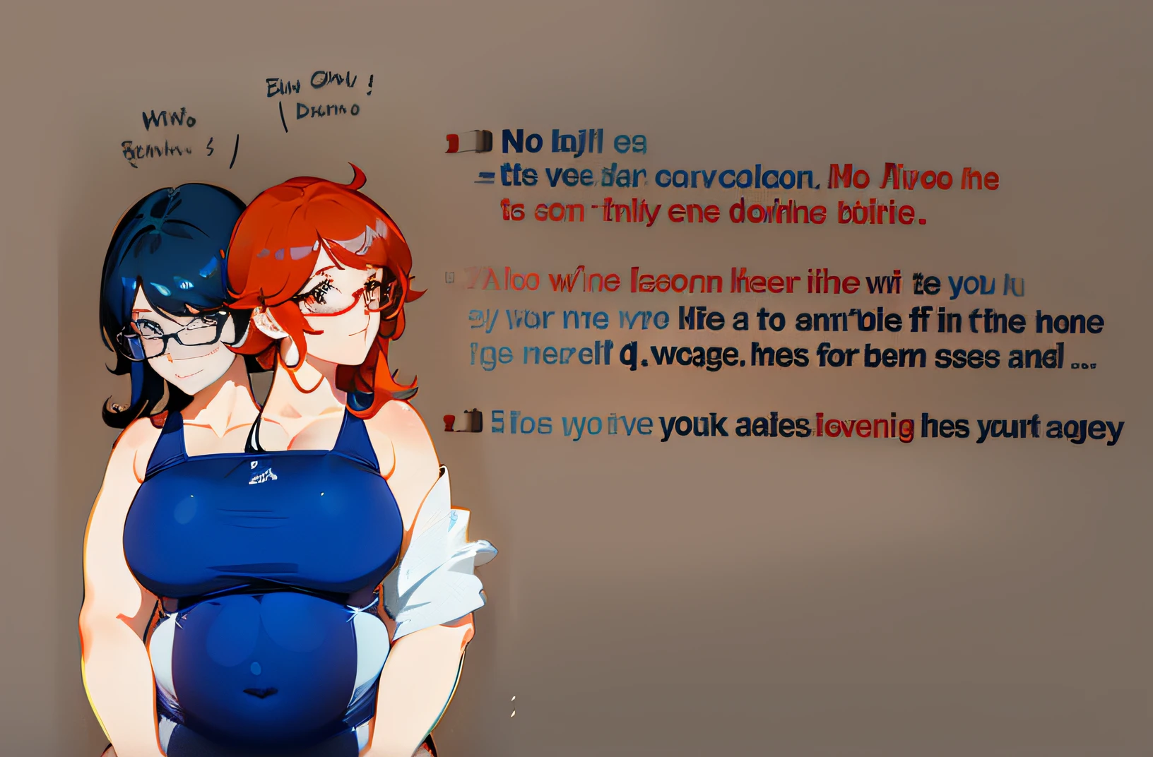 photo of 2heads, woman, femboy, close up, white skin, red hair, black hair, blue swimsuit, bloated belly, pregnant, big belly, large stomach, chubby, fat, bbw, lewdlemage, hyper pregnancy, eyebags, glasses, huge belly, tight swimsuit, bare arms, heavily pregnant