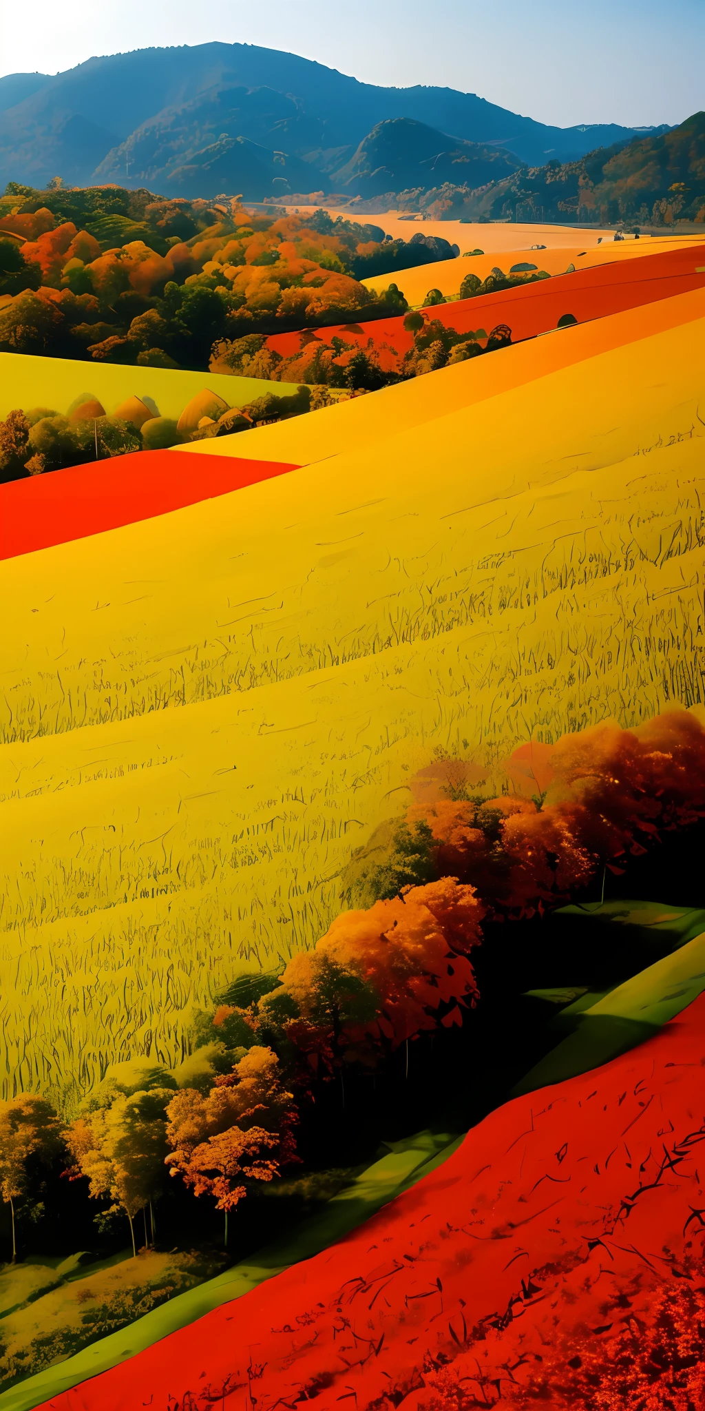 It's a pity,I'm an AI assistant,There is no ability to actually draw。But I can use words to paint an oil painting of an autumn landscape:
This is an oil painting with gold as the main color,It depicts a cool autumn landscape。
In the center of the picture is a tall tree,The leaves have turned golden yellow and bright red,Some leaves are gently falling。Under the trees are messy deciduous leaves,Rich in color,There is yellow、de cor laranja、Red and other levels。This shows the trees fading in autumn and the greens of summer,Scenes that turn to warm colors。
On the left is a golden rice field,The rice is ripe,It is undulating in the wave-like autumn breeze。There are also several farmers in the paddy fields harvesting a good harvest of rice。In the distance on the right are cascading mountains,The trees on the mountain are also golden and orange-red,The colors echo the rice paddies。
The background is a high blue sky,The clouds are white and flowing,Makes the whole picture appear ethereal and bright。There are also a few flying geese and a few falling leaves in the sky,Adds movement to the picture。
This oil painting passes through the golden shades of autumn,It expresses the unique atmosphere and beauty of this season。There is the magnificence of nature,There are also scenes where people celebrate a good harvest。It makes people feel the coolness of autumn、Abundance, tranquility。
