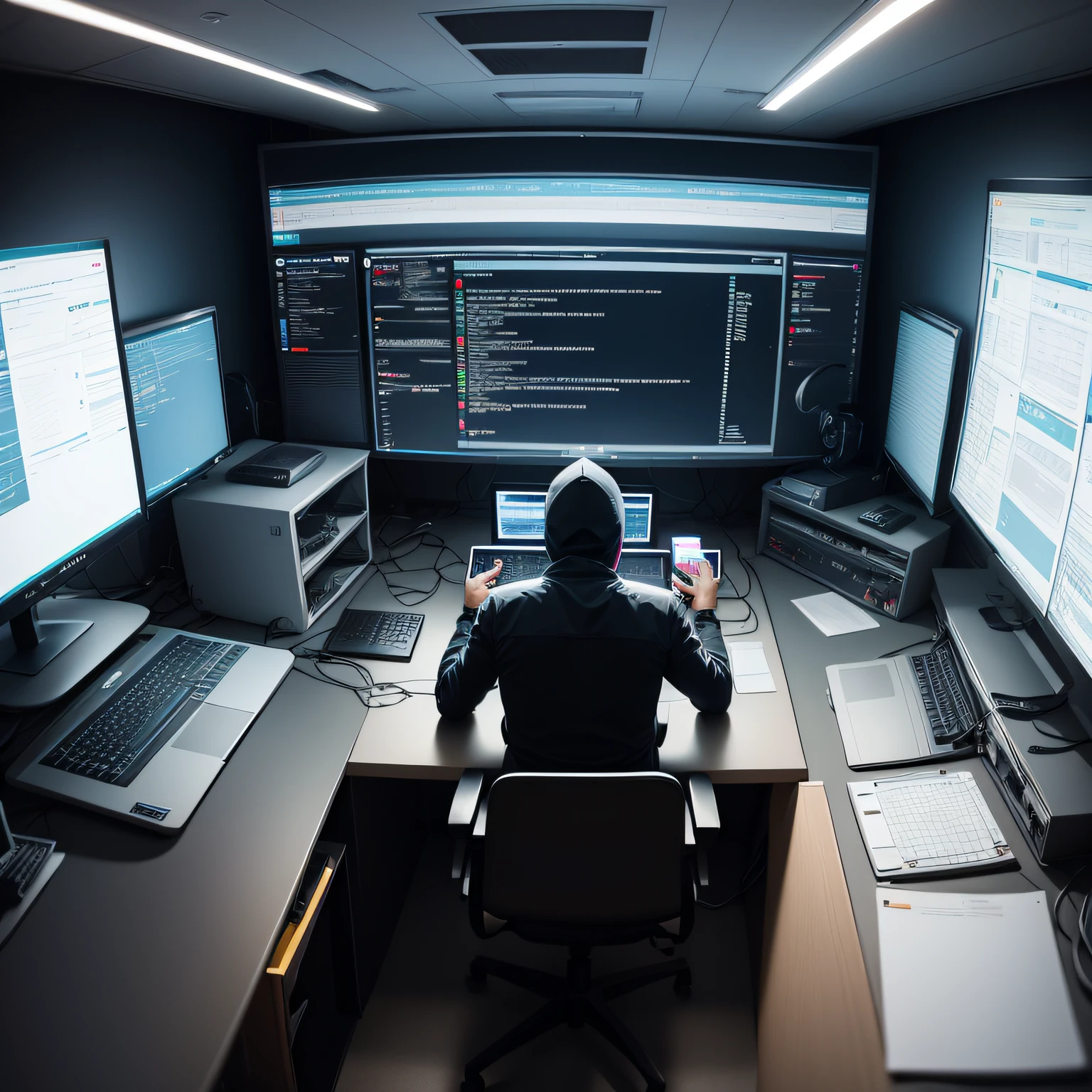 A hacker talking about cybersecurity, homem magro cabeludo, nerd, programmer in a room with several smart computers, safety data, servidores, Schedules, advanced technology, IA, low yellow illumination, internet, CPU, teclados, monitor, alta qualidade, 2050, futurista, computador, senha, sala do servidor em segundo plano, luzes laranjas, cyberwarfare, atmosfera sinistra escura, profundidade de campo, efeitos visuai --auto