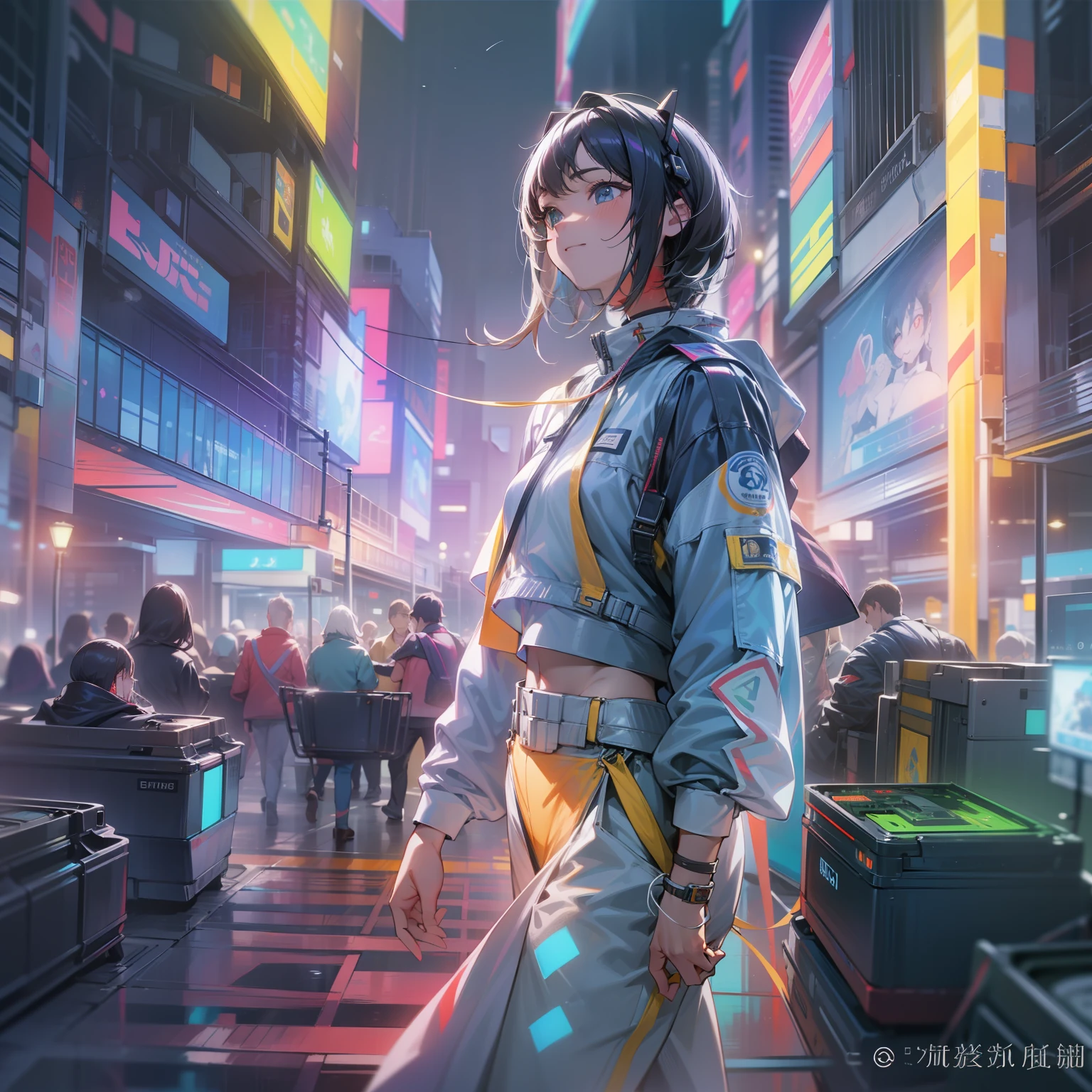 Render in 8K ultra-high resolution、The spectacle of the city of the future。The big picture is full of dazzling neon colors.、Colorful palette spreads out、Decorate the entire space..。In the center of this painting is、There is a young woman full of energy。Her hairstyle is a short cut of black hair、The inner color is a neon color gradient.、Viola、Green grass、verdant、And the yellow is skillfully mixed。This is because she、Show that you are in harmony with the colorful world around you。

Her attire is contemporary, yet、Contains futuristic elements。Top hologram crop top、Shines in rainbow colors when exposed to light、Harmonize with the color of Zhou Yu。Her bottoms are shiny high-waisted silver pants.、While emphasizing the beauty of the legs, Creates a sophisticated silhouette.。At its feet、Neon pink tech sneakers、Supports energetic footsteps。

What she holds in her hands is、Transparent smartphone。Three-dimensional holograms appear on the screen.、It's as if she's one with the technology of the future.。Her gaze is directed forward.、His expression was bright.、Have fun、Excitement swells。

Behind her is the night view of the city of the future。hay、Lined with cleverly designed skyscrapers、From that window々Colored light is emitted、Neon signs illuminating the entire city。On the roads of the city、Driverless autonomous vehicles come and go、In the sky above it、Drones and hovering cars are flying around。On the other hand、Some parts of the city have、Green parks and vertical farms、It depicts a utopia where technology and nature coexist。

in the distant sky、Space elevator stretching towards the starry sky.、Beyond that, Beautiful Northern Lights illuminating the night sky.。The path she stands on is、Interactive LED、Colorful lights are emitting from under your feet。It changes color every time a pedestrian passes by.、He creates art-like images according to movement.。

This whole scene is、It expresses a future where the evolution of science and technology and human creativity are in harmony...。Et