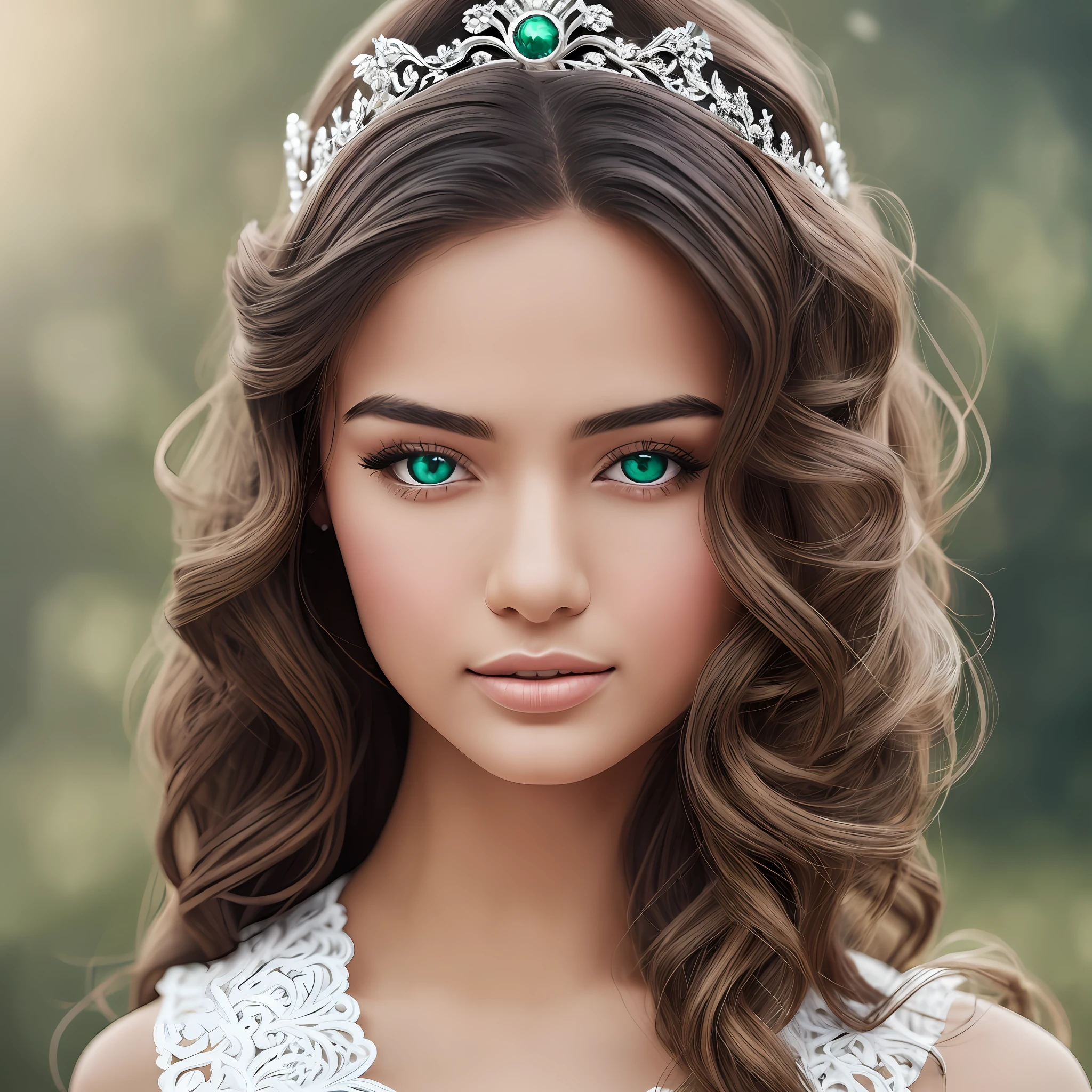 Creat hyper-realistic photograph of a beautiful russian woman, 24 years-old, surreal, beautifully detailed wearing, sensual for Miss Universe pageant.  The image shows, green eyes, white clothing, brown hair, long and curly.  It adjusted is a masterpiece of high quality, with intricate details and beautifully colors.  Blur and white balance technique were used to enhance the image, which has a super high resolution of 32k.  Natural and cinematic lighting, along with ultra photorealism, deliver a stunning result in 8K.  The photograph must be a close-up, depicting the girl's half body.  Use a 24mm Nikon Z FX TV lens to achieve the desired effect. --auto