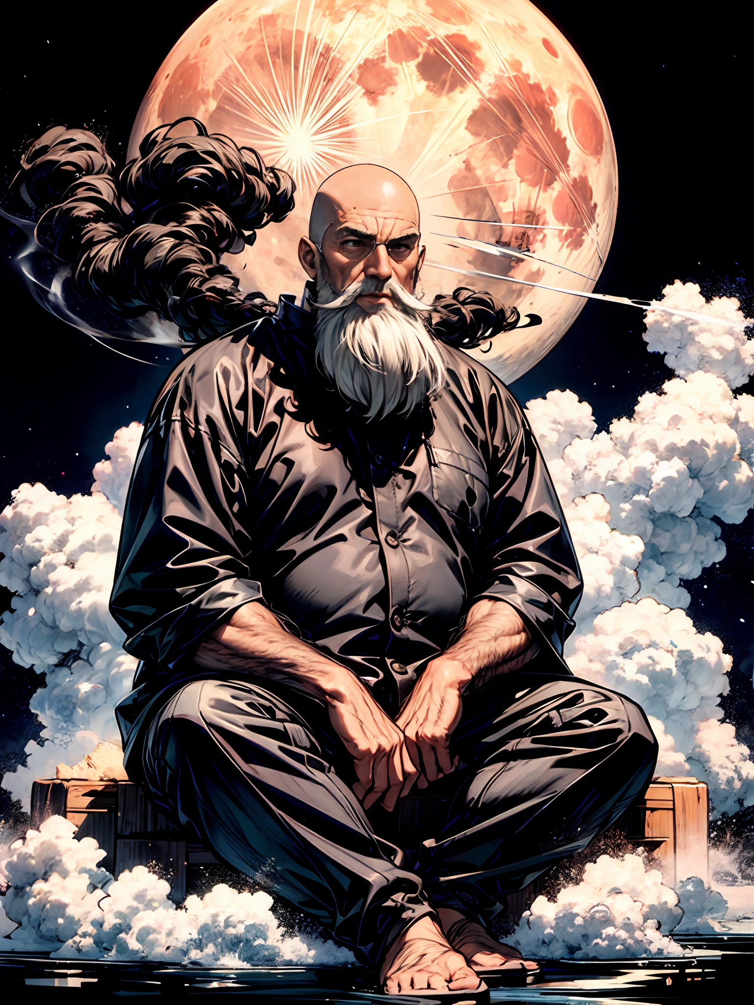 Huge full moon background、black-and-white、Skinny old man,full body Esbian、1 persons、 Sitting,skin head、Bald head、very long beard、thick smoke