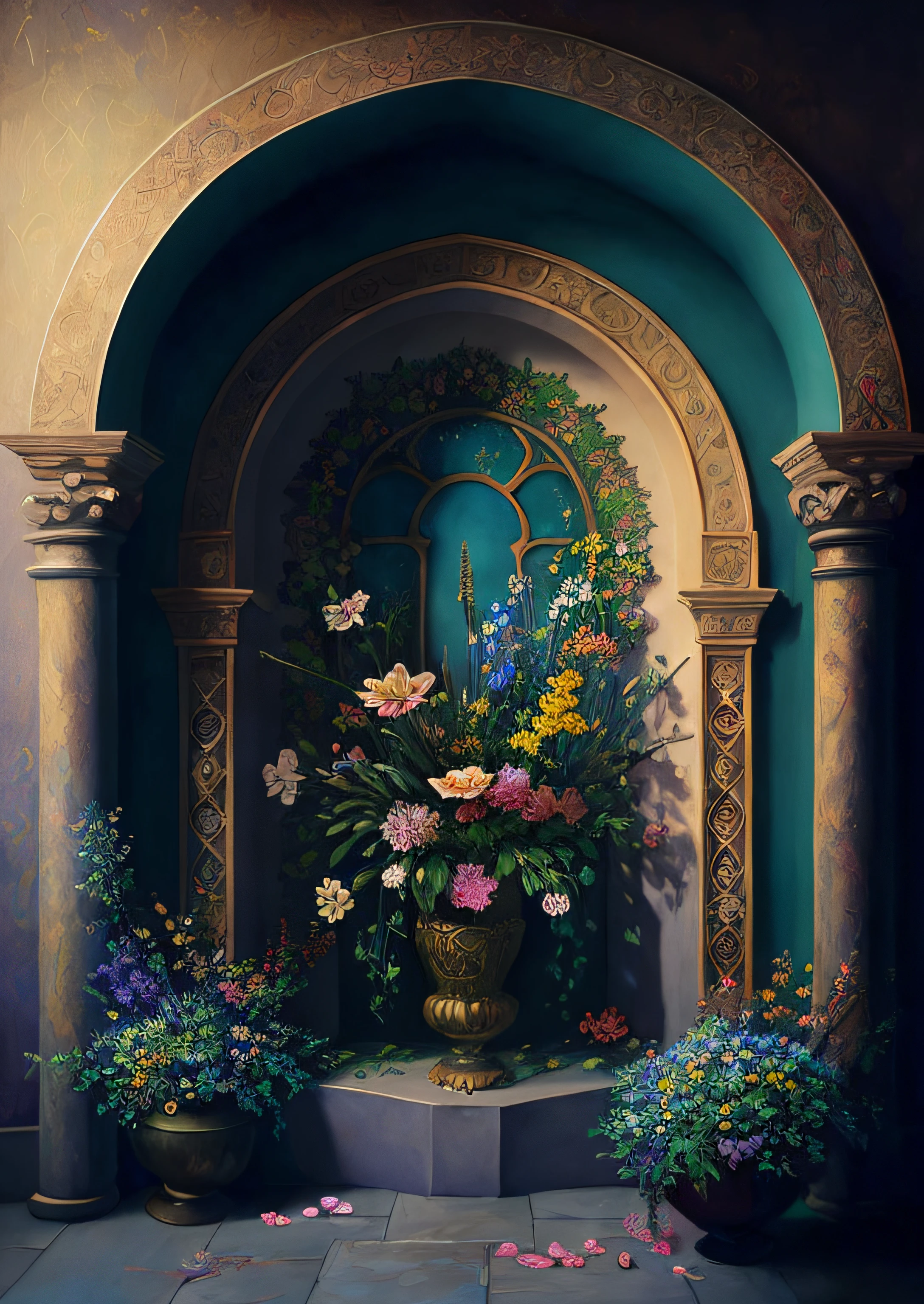 there is a painting of a vase with flowers in it, baroque digital painting, detailed 3d gothic oil painting, inspired by Evgeny Lushpin, hyperrealistic art nouveau, art nouveau environment, renaissance digital painting, fantasy artrealistic painting, romanticism art style, esao andrews : : ornate, fantasy victorian art, magical realism style, magical realism painting