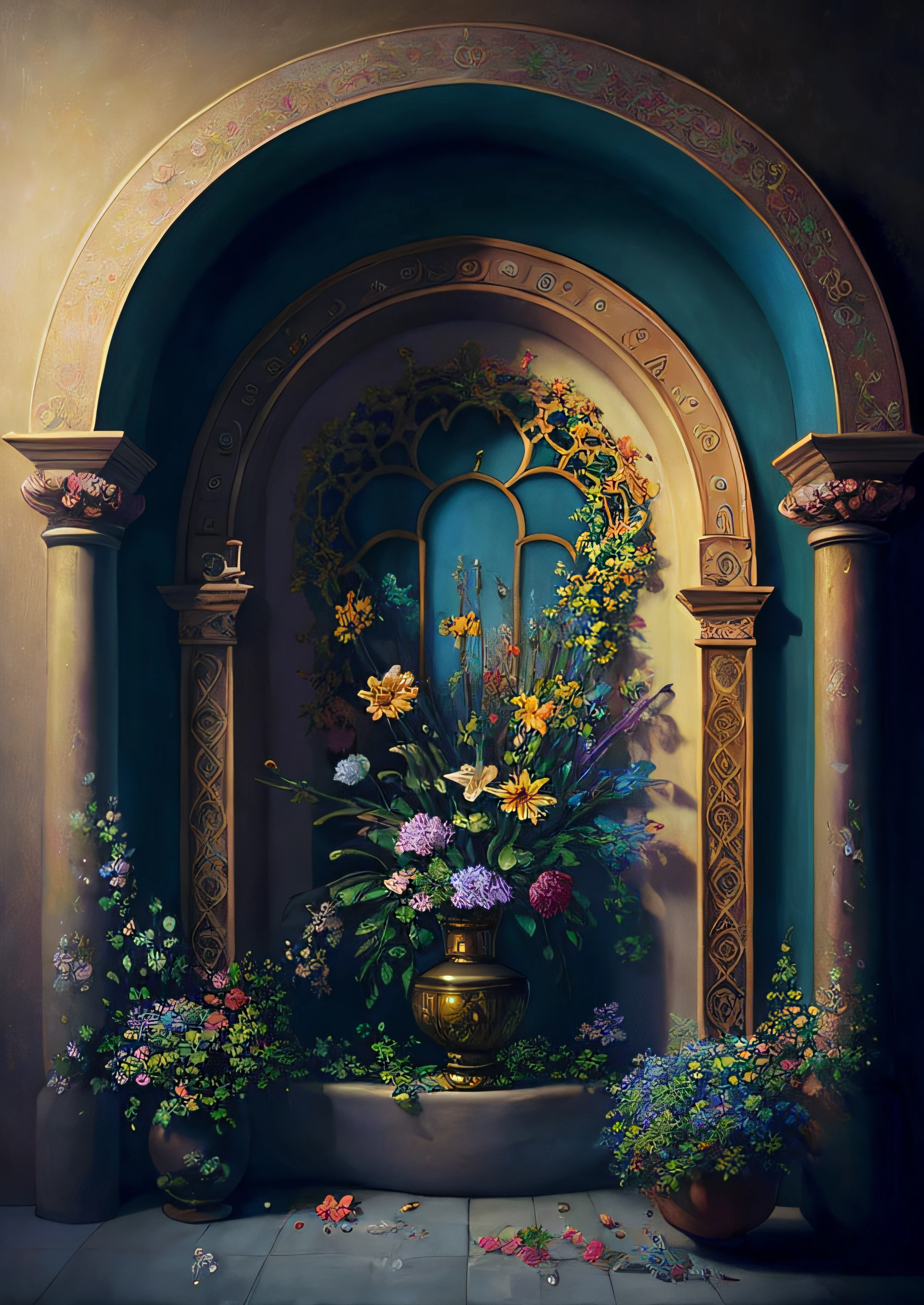 there is a painting of a vase with flowers in it, baroque digital painting, detailed 3d gothic oil painting, inspired by Evgeny Lushpin, hyperrealistic art nouveau, art nouveau environment, renaissance digital painting, fantasy artrealistic painting, romanticism art style, esao andrews : : ornate, fantasy victorian art, magical realism style, magical realism painting