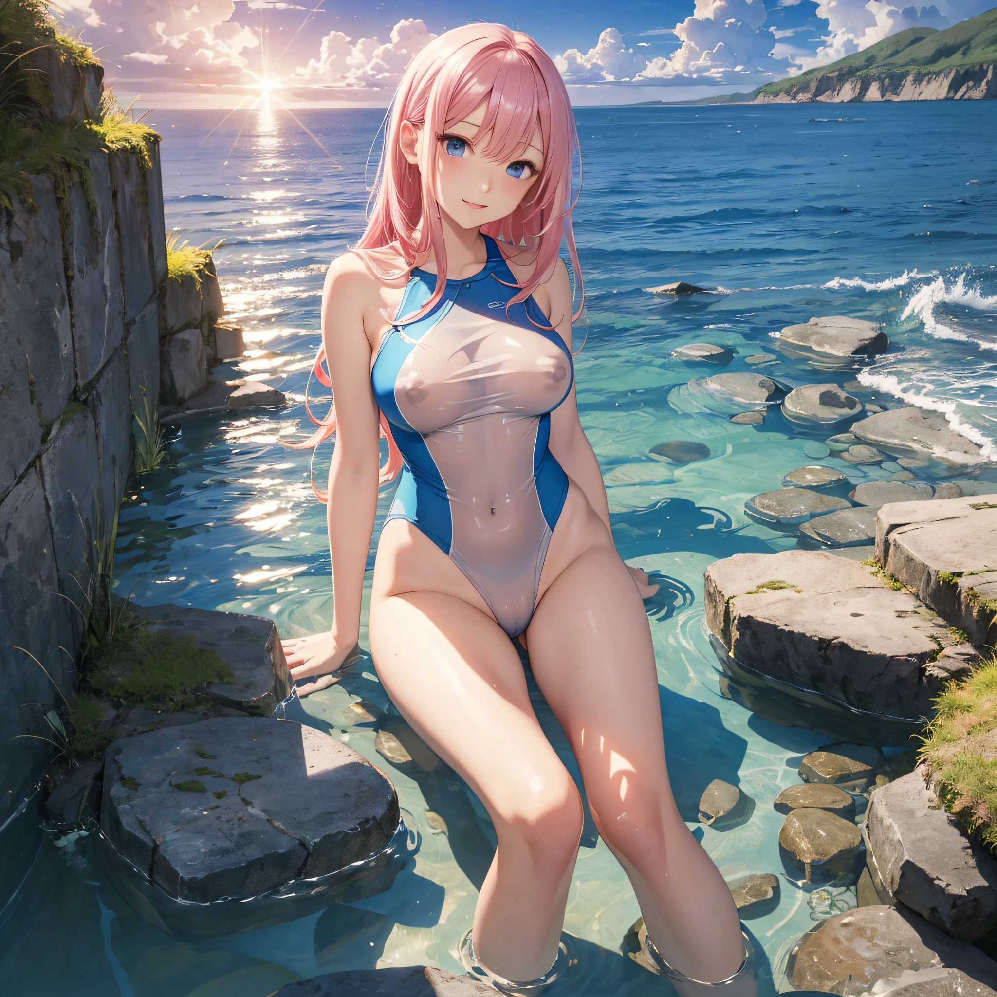 top-quality、Photorealsitic、An ultra-fine illustrations、beautiful attractive anime girl、Megurine Luca、A pink-haired、one girls、a photo of girl、Full body shot、(perfect anatomia)、Beautiful blue eyes、ssmile、deep in the night、In calm waters、sky at night、(Swimsuit with transparent and crotch:1.2)、(Dark background with only sea and sky)、