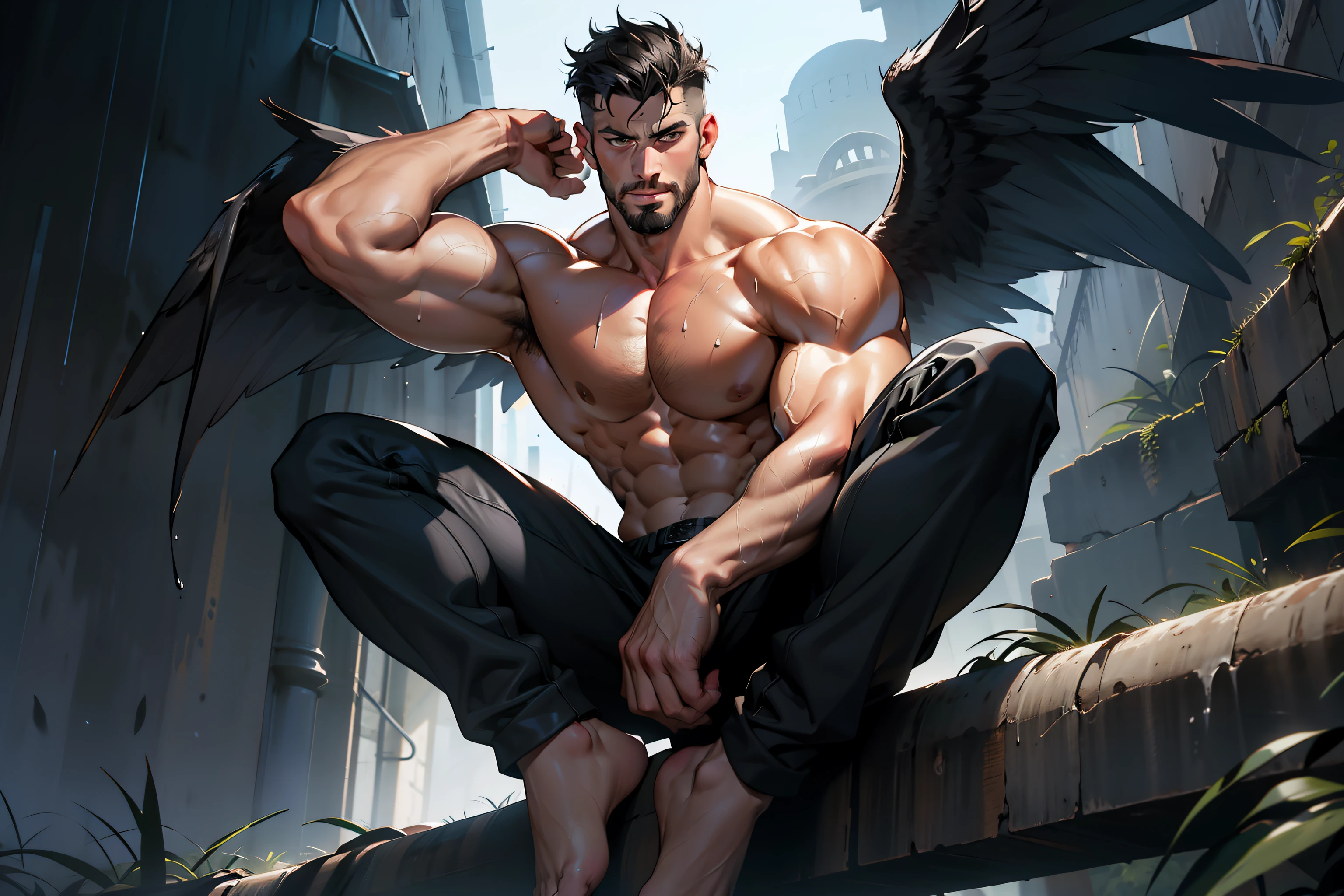 masterpiece, best quality, face, natural eyes, 1man, european, big feet, black socks, (no shoes), full body, large bulge, long legs, looking at viewer, 30 years old, muscled and mature, short haircut, face covered with white fluids, sweating, tight cloth, erecting, shirtless, topless, smirks, solo, white skin, muscular, muscle man, tall, hunk, big biceps, abs, wide shoulder, open chest, facial hair, black short hair, wet body, wet hair, shirtless, viewer looking, high resolution:1.2, best quality, full body, flat style, dark sky, a male angel with huge black wings, fire on the ground, dark angel, black wings, tatooed arms, remote camera