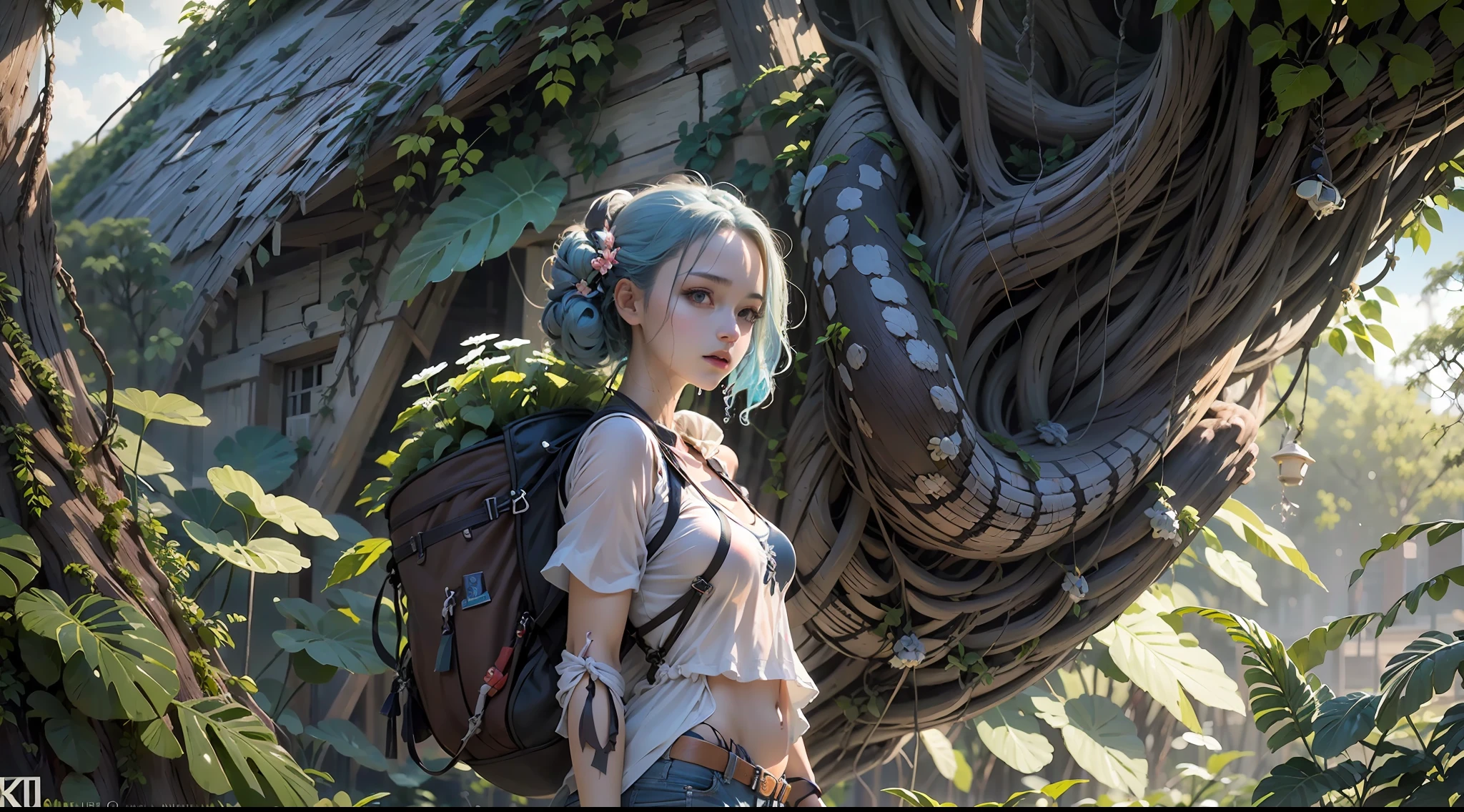 (1 girl,solo:1.2), (Wet shoulder white vest), Broken shorts, Hiking bags, embarrass, dreads, A python coiled in a large tree, A chest that conforms to the laws of physics, Tall shrubs, Shaded leaves, light blue hair, single sidelock, cinematic lighting, reflection light, dutch angle, UHD, masterpiece, anatomically correct, textured skin, super detail, high details, high quality, best quality, highres, 8k, 16k
