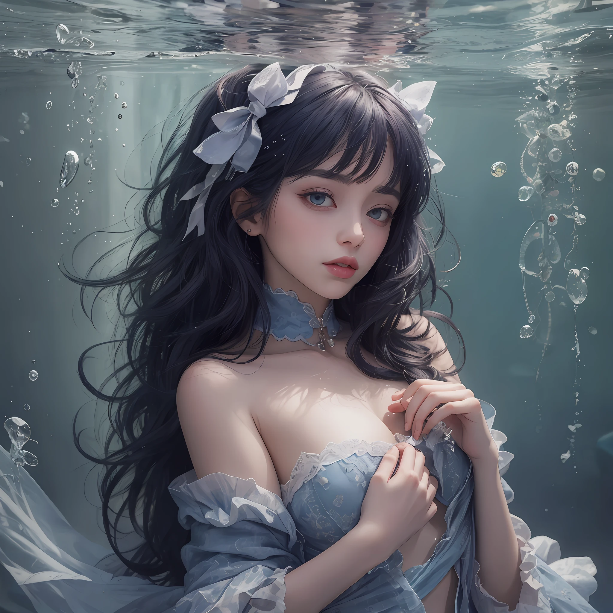 1 girl,  Wrap your hands around your chest, ，abyssal, Dark blue hair, Curly hair, ribbon,The eyes are shining, sensual lip,  curtained hair, hair over shoulders, romanticism lain, god light,, partial underwater shot, From below, (Masterpiece), Anatomically correct, (Super detail), High details, High quality, (Best quality), 8K，Princess-like